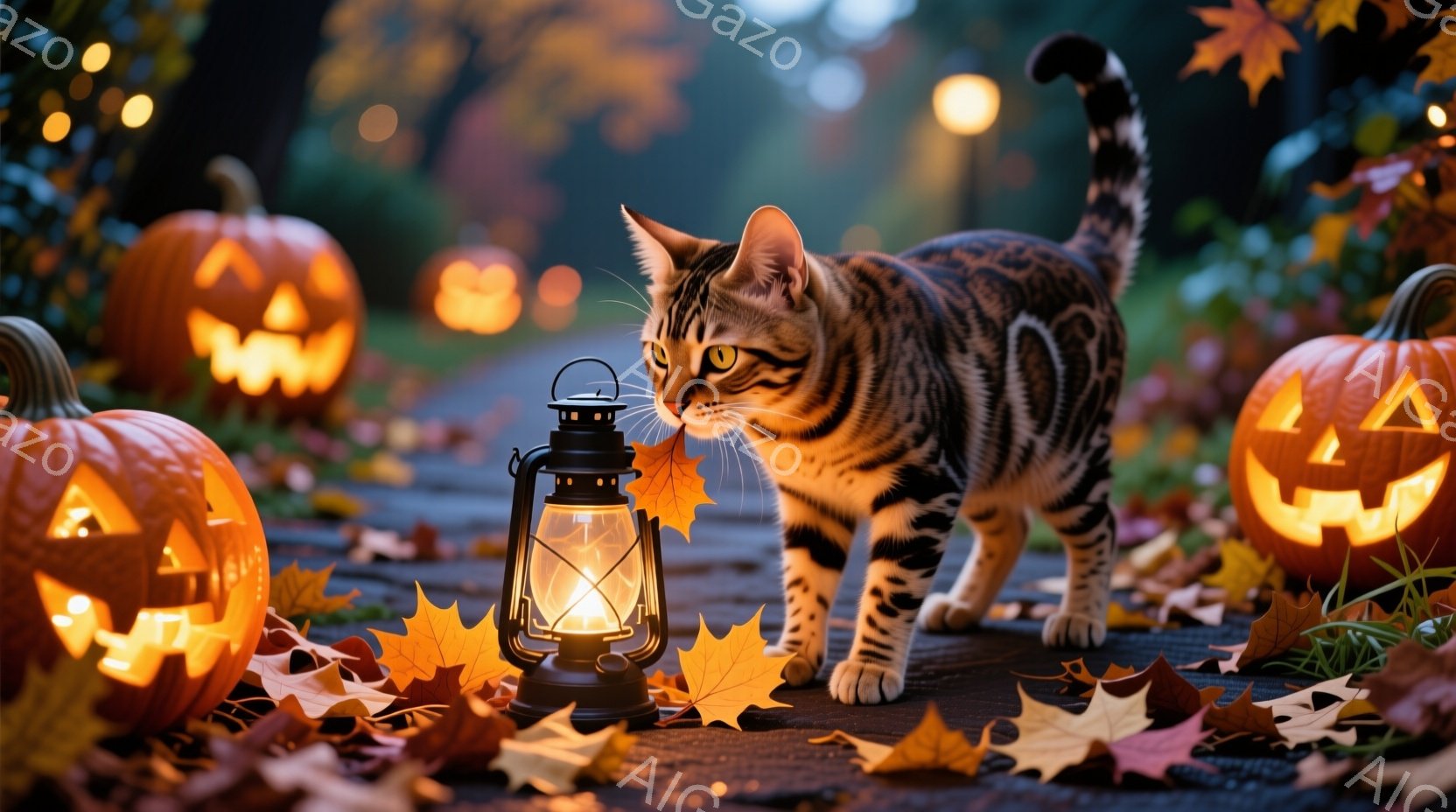 切り株で作られたハロウィーンのランタンに囲まれ、落ち葉が散りばめられた道を進む縞模様の猫が描かれています。猫は前方をじっと見つめ、警戒しながらも落ち着いた姿勢で歩いています。背景にはぼやけた木々や家々 - AI生成フリー素材