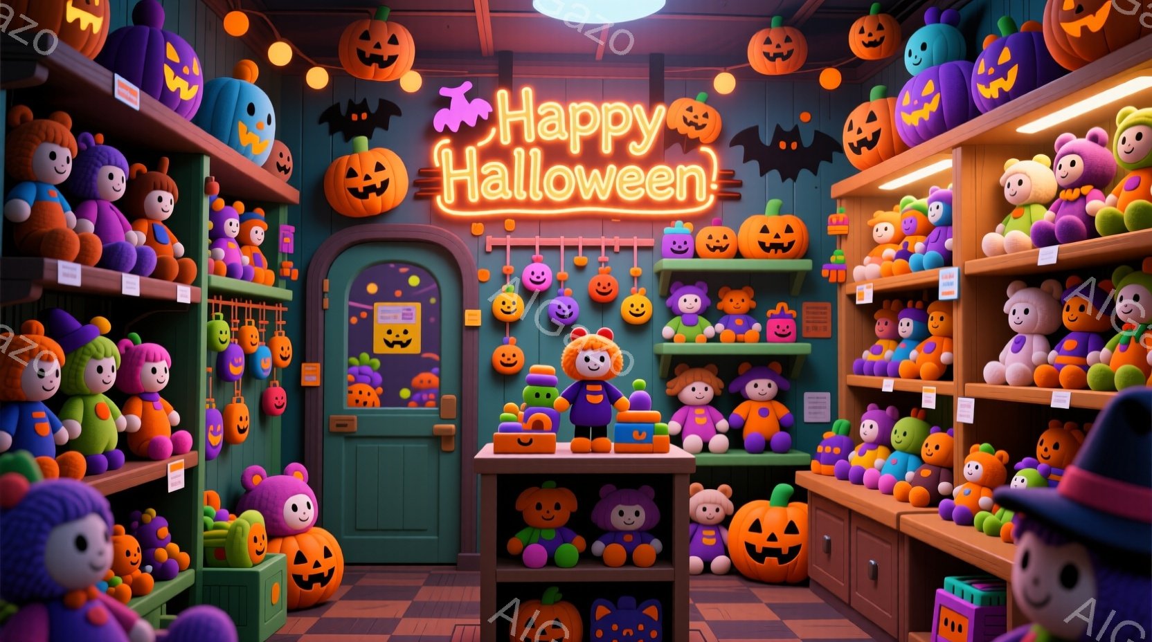 ハロウィーンをテーマにした店内で、様々な色のカボチャのぬいぐるみたちが所狭しと並べられています。ぬいぐるみたちはそれぞれ異なる表情をしており、可愛らしい雰囲気を醸し出しています。背景にはハロウィーンの装飾が施され、ネオンサインが明るく店を照らしています。