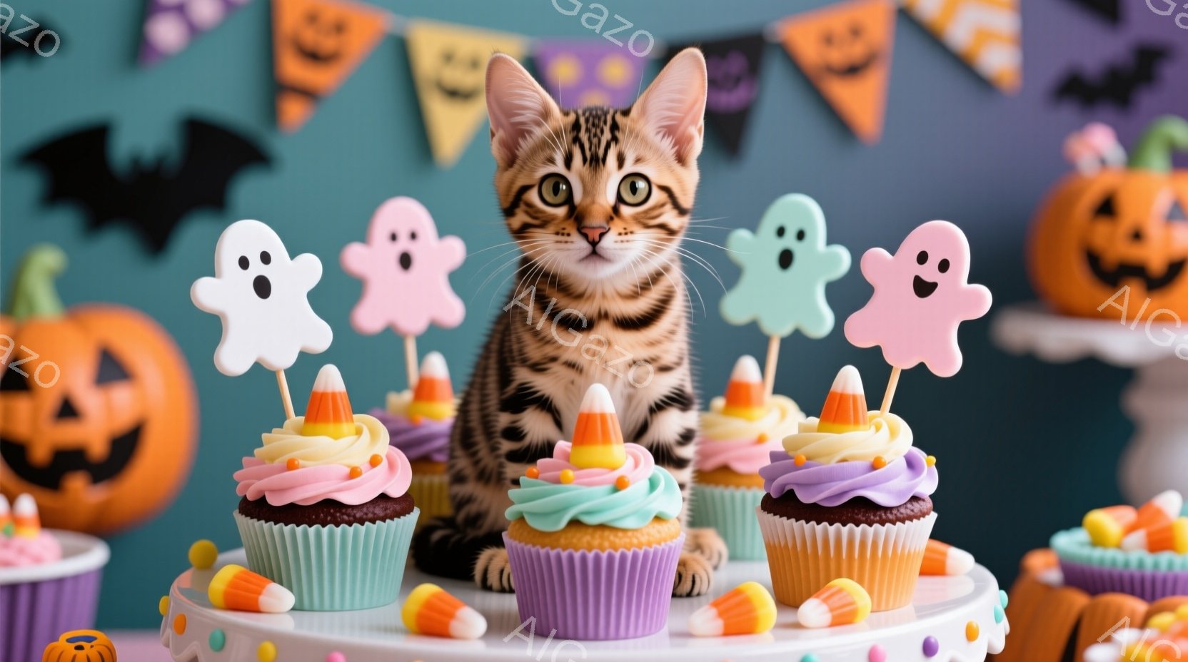 オレンジと紫のストライプのカップケーキが並んだケーキスタンドの前に、縞模様の茶色の猫が立っています。背景にはハロウィーンの飾り付け、カボチャのランタンや幽霊の形の飾り、オレンジと紫のガーランドが見えま - AI生成フリー素材