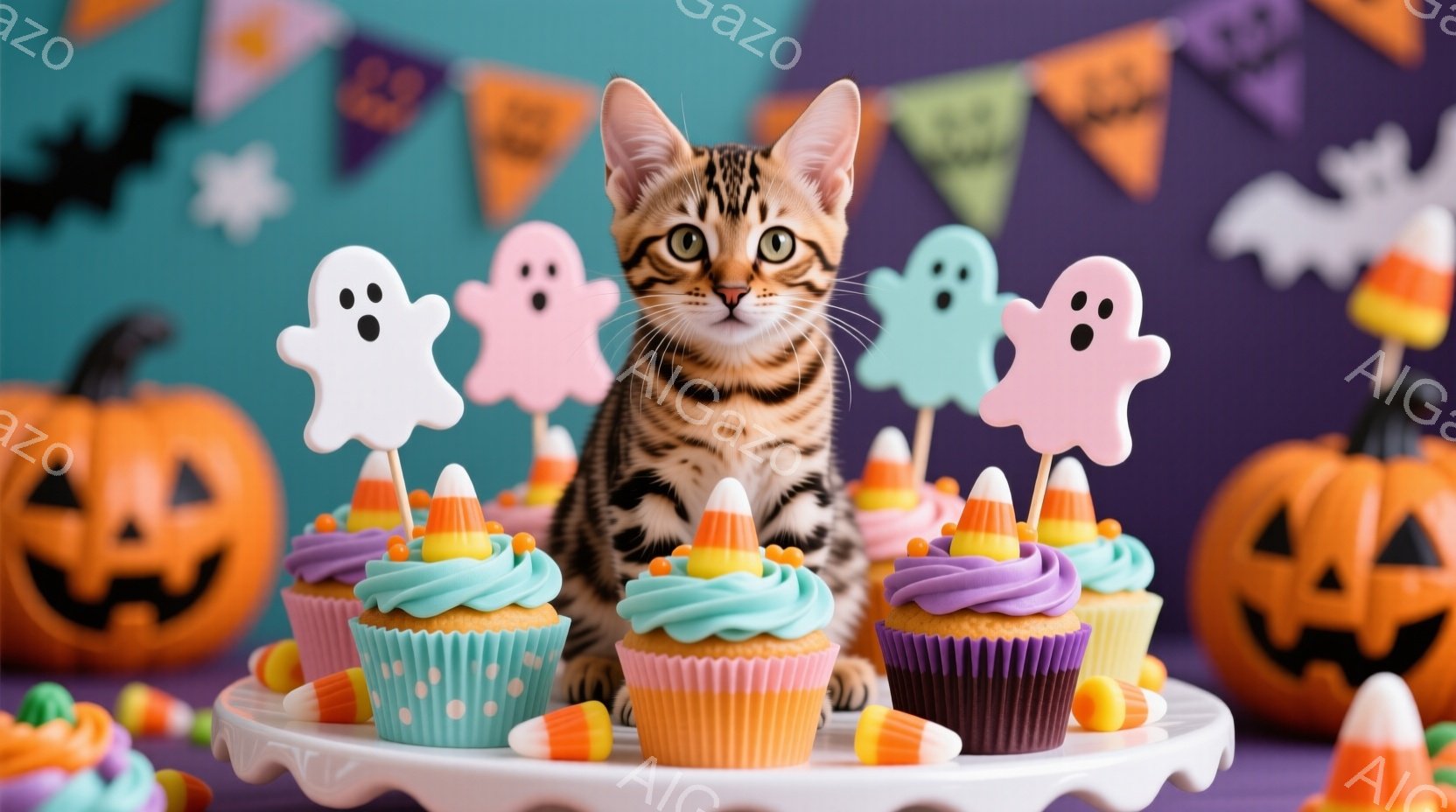 明るい背景に、かわいらしい子猫がカップケーキとキャンディーに囲まれて座っています。子猫は縞模様で、緑色の目を輝かせ、興味深そうに正面を見つめています。背景にはハロウィーンの飾り付けがあり、オレンジ色の - AI生成フリー素材