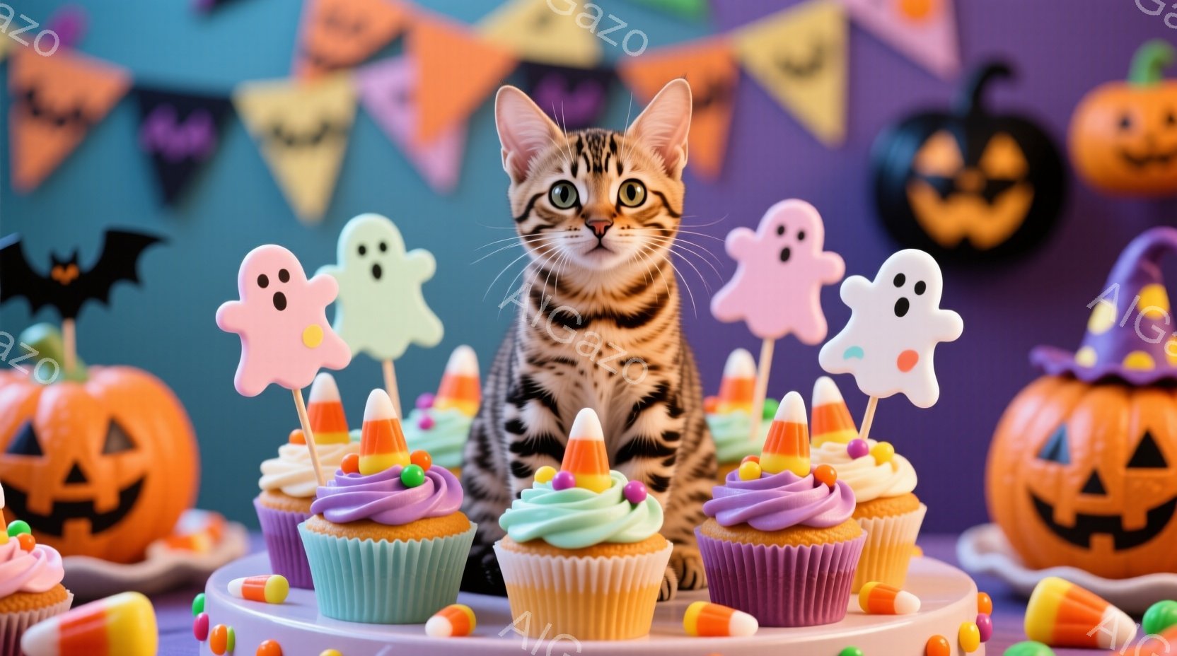 縞模様の猫が、ハロウィーンをテーマにしたカップケーキに囲まれて座っています。カップケーキは紫と緑のアイシングで飾られ、キャンディコーンと幽霊の飾り付けが施されています。背景には、カボチャのランタンや幽 - AI生成フリー素材