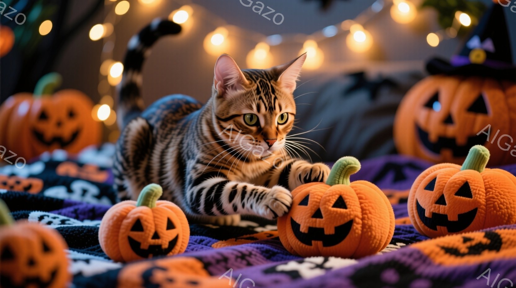 明るいオレンジ色のハロウィンカボチャに囲まれた、縞模様の茶色の猫が写っています。猫はリラックスして横たわり、前足でカボチャを優しく押さえており、好奇心と遊び心のある表情をしています。背景には、紫色の布 - AI生成フリー素材