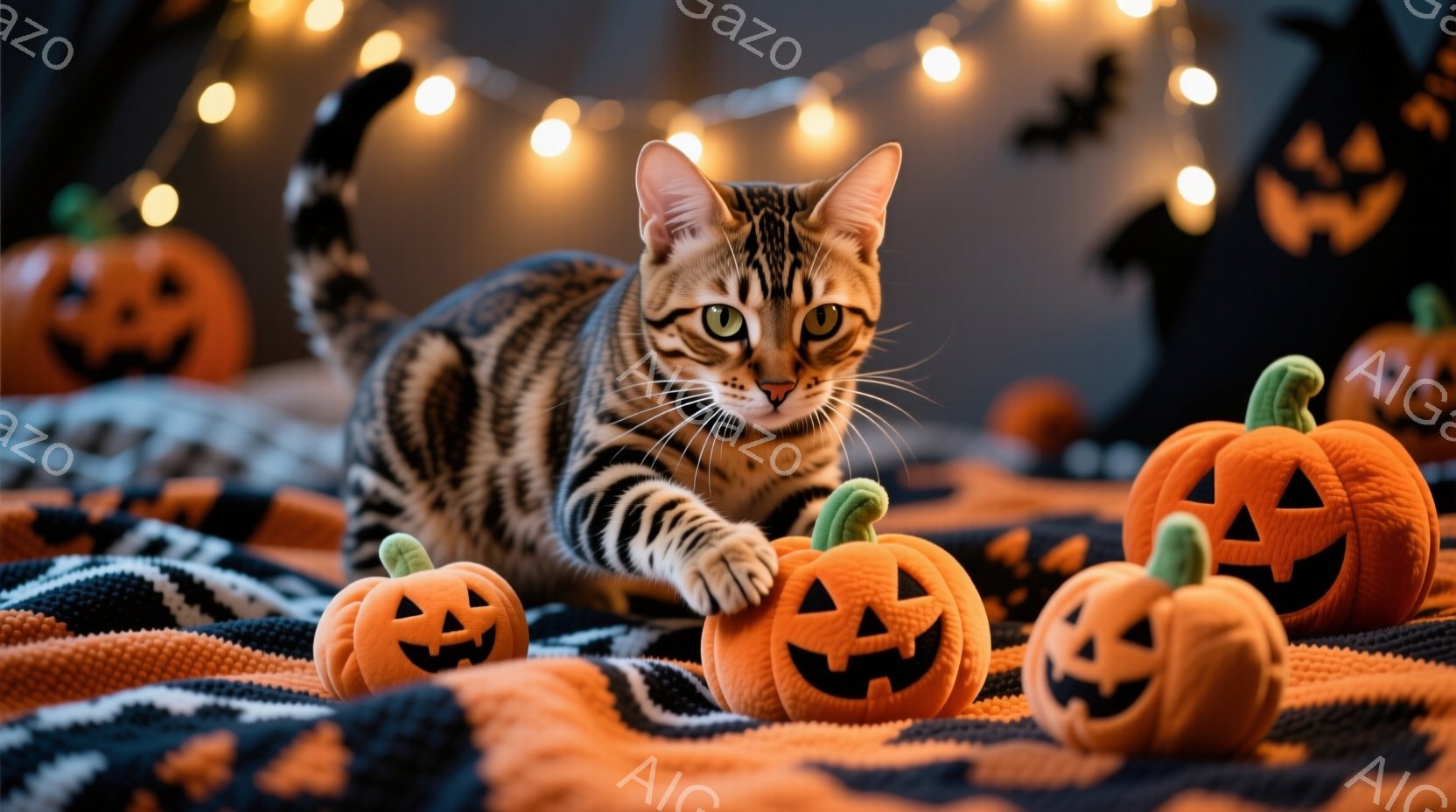 白黒模様の猫がオレンジ色のハロウィーンのジャック・オー・ランタンの周りで前足を伸ばし、遊ぼうとしている様子が捉えられています。背景には、黒とオレンジのストライプの布と、ハロウィーンを象徴するカボチャやコウモリの装飾が散りばめられ、温かく幻想的な雰囲気を醸し出しています。全体的に、秋のハロウィーンシーズンらしい、可愛らしく遊び心のある光景です。