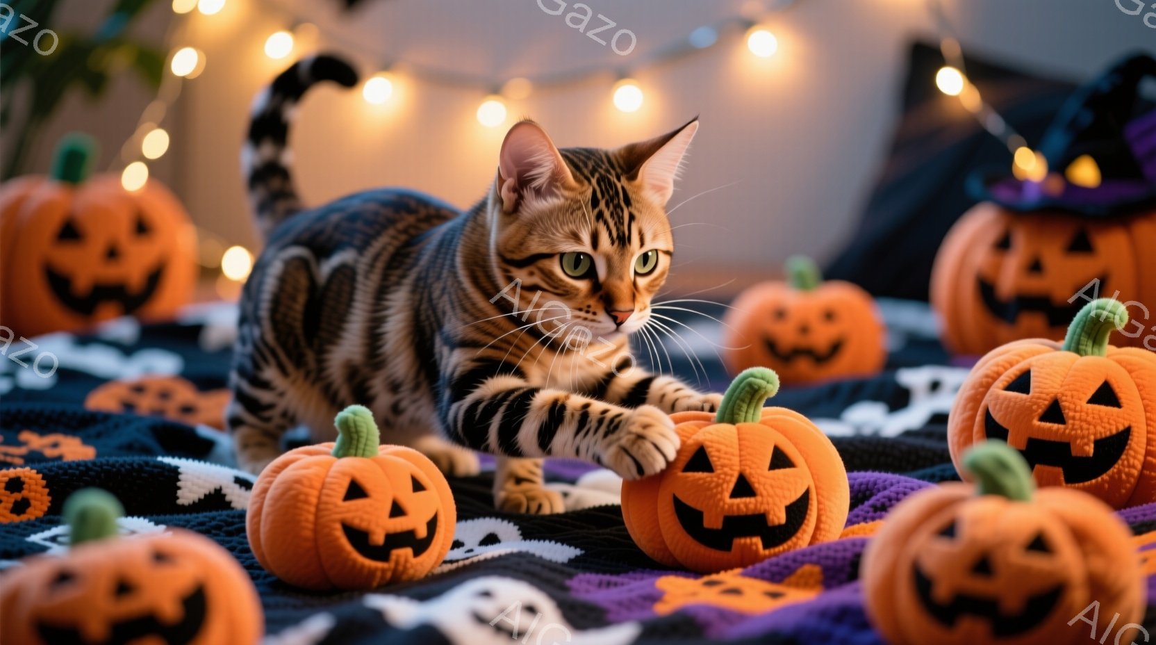 縞模様の猫が、ハロウィーンの小さなカボチャの置物の中にいる様子が写っています。猫は前足を伸ばしてカボチャに触れようとしており、好奇心旺盛な表情をしています。背景には、ハロウィーンをテーマにした柄の布と - AI生成フリー素材