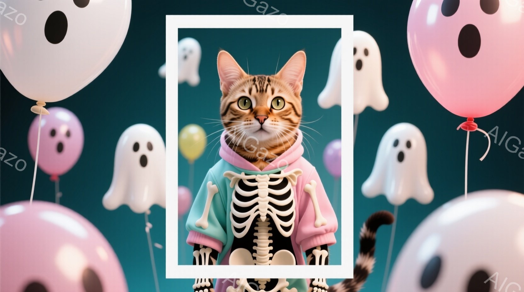 茶色の縞模様の猫が、ハロウィーンをテーマにした服装をしています。薄い水色のパーカーに白い骸骨のデザインが描かれており、とても可愛らしい表情をしています。背景には、お化けの形をした風船が浮かび、お祝いムードを盛り上げています。