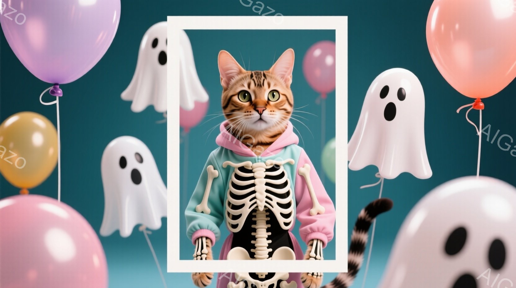 白いフレームの中に、骨格柄のパーカーを着た猫が正面を向いています。猫は茶色の縞模様で、鋭い緑色の目をしており、少し驚いたような表情をしています。背景はターコイズブルーで、ピンク、白、透明の幽霊のような形をした装飾と、パステルカラーの風船で飾られています。