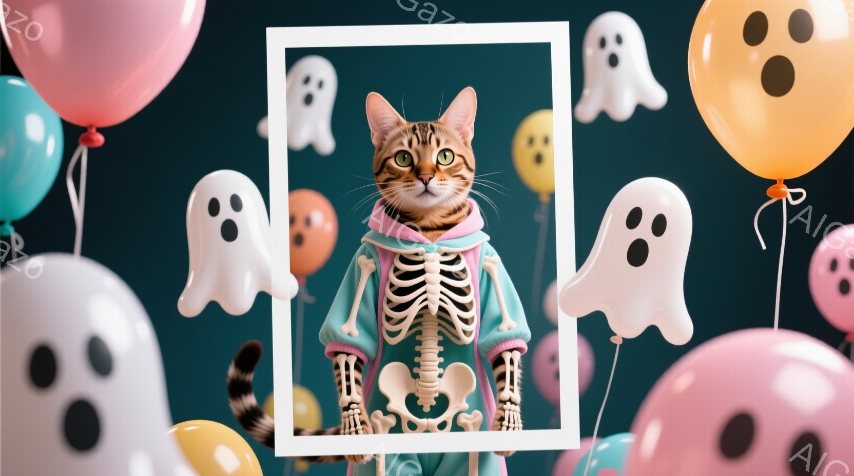 白いフレームの中に、骸骨模様の服を着た猫が立っています。猫は緑色の目を持ち、少し驚いたような表情をしています。背景には、パステルカラーの幽霊のバルーンが散りばめられており、ハロウィーンのようなお祝いムードを演出しています。