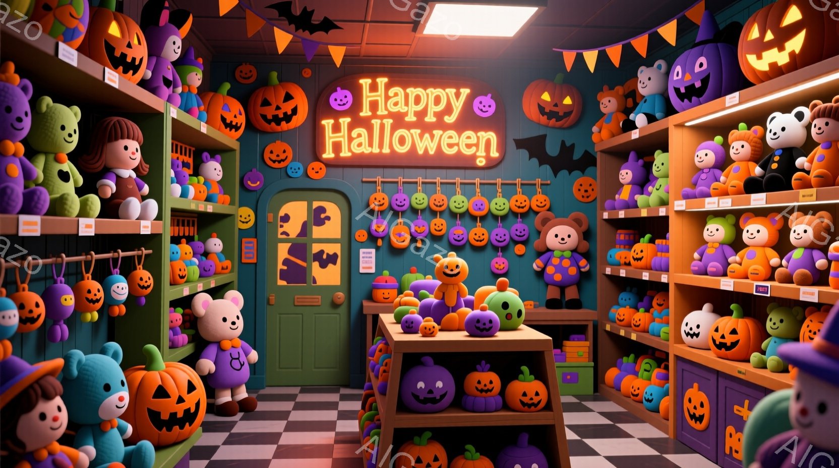 ハロウィーンの装飾が施された店内に、カボチャをモチーフにしたぬいぐるみたちが所狭しと並べられています。各ぬいぐるみは、異なる色と表情で可愛らしく、ハロウィーンの雰囲気を盛り上げています。背景には、オレ - AI生成フリー素材
