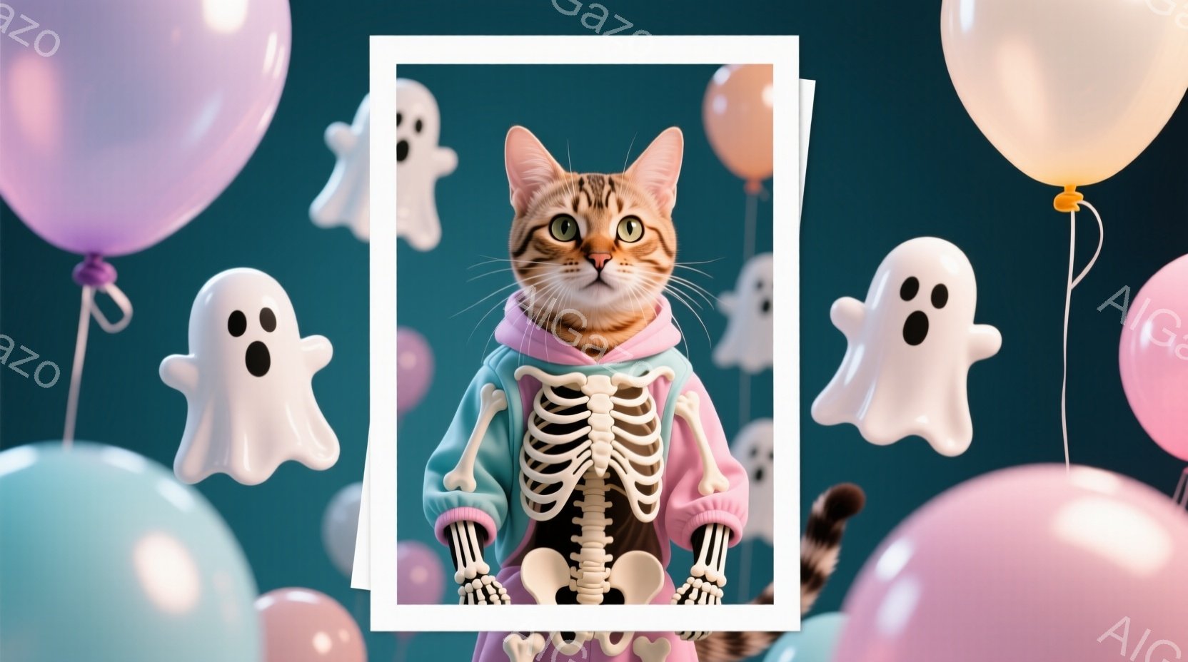 明るい水色のパーカーと肋骨模様のプリントが施された衣装を着た猫が、正面をまっすぐ見ています。その表情は少しいたずらっぽく、どこか自信に満ち溢れています。背景には、パステルカラーの風船や幽霊のイラストが - AI生成フリー素材