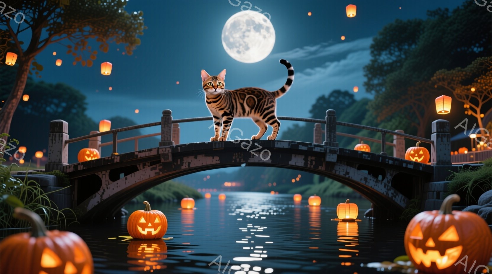 橋の上に縞模様の猫が凛々と立っており、その下には水面に浮かぶカボチャのランタンが並んでいる。背景には暗い森と満月が輝き、幻想的なハロウィンの夜を表現している。全体的に、少し不気味ながらも温かく、魅惑的 - AI生成フリー素材