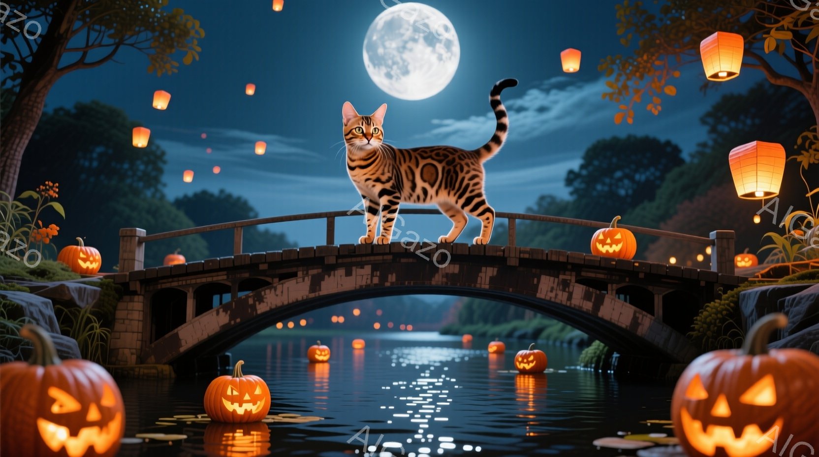 月明かりの下、アーチ状の橋の上にトラ柄の猫が堂々と立っている。橋の欄干にはジャック・オー・ランタンが並び、水面にはその光が反射し、幻想的な雰囲気を醸し出している。背景には暗い木々が立ち並び、空にはぼんやりとした光が浮かび、ハロウィンの夜を思わせる神秘的な光景が広がっている。