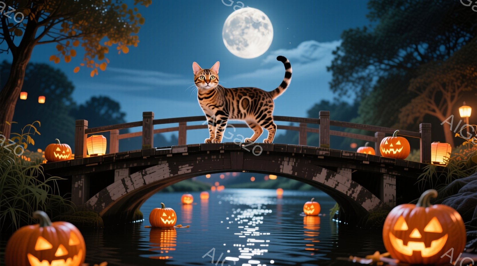 満月の下、アーチ型の橋の上に、縞模様の猫が背筋を伸ばして立っている。橋の周りと水面には、ハロウィーンの飾りであるジャック・オー・ランタンが浮かび、幻想的な雰囲気を醸し出している。背景には緑豊かな植物と - AI生成フリー素材