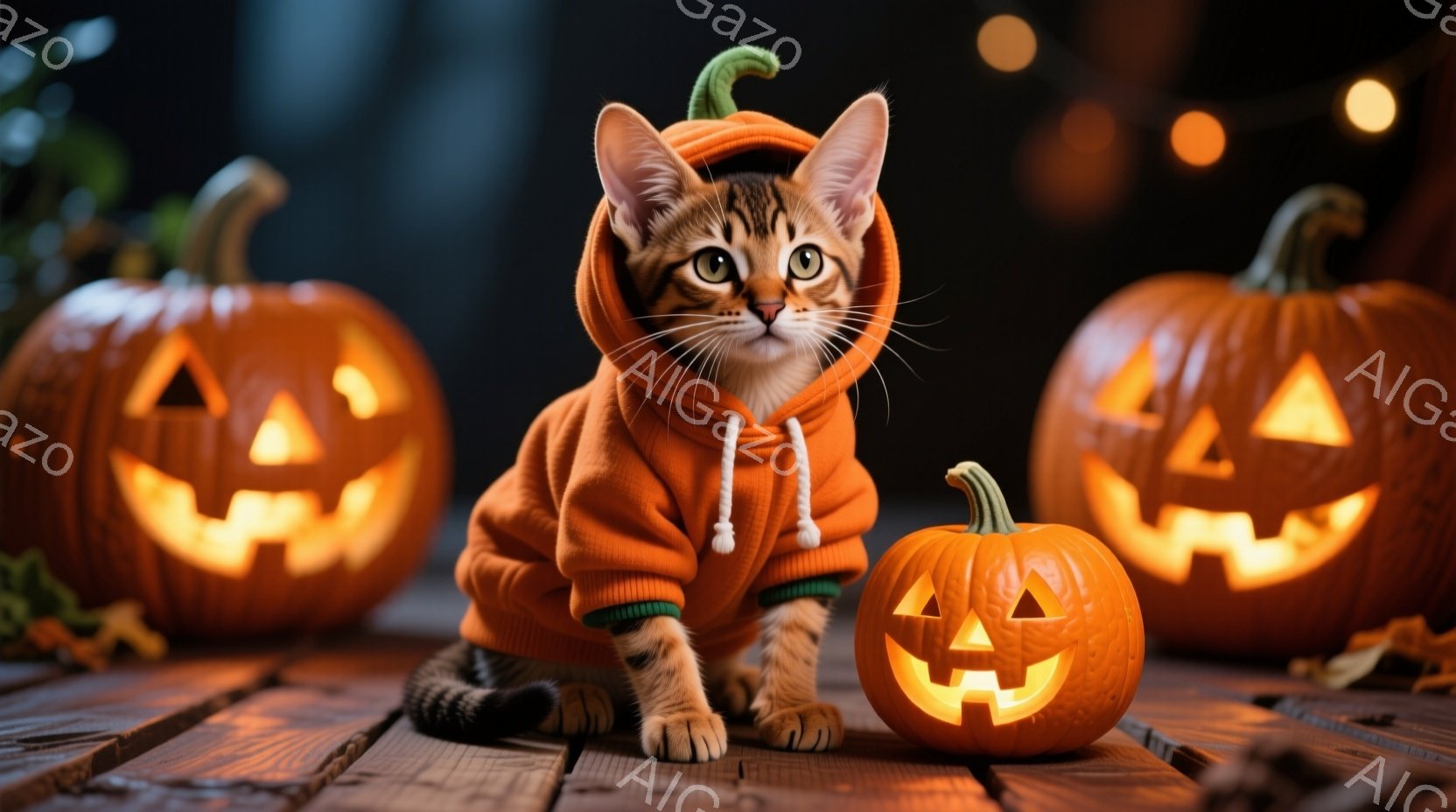 ハロウィーンの飾り付けられた背景の中で、オレンジ色のカボチャの衣装を着た子猫が座っています。子猫は前足を伸ばして座り、丸い目と好奇心に満ちた表情を見せています。背景には、明るく照らされたジャック・オー - AI生成フリー素材