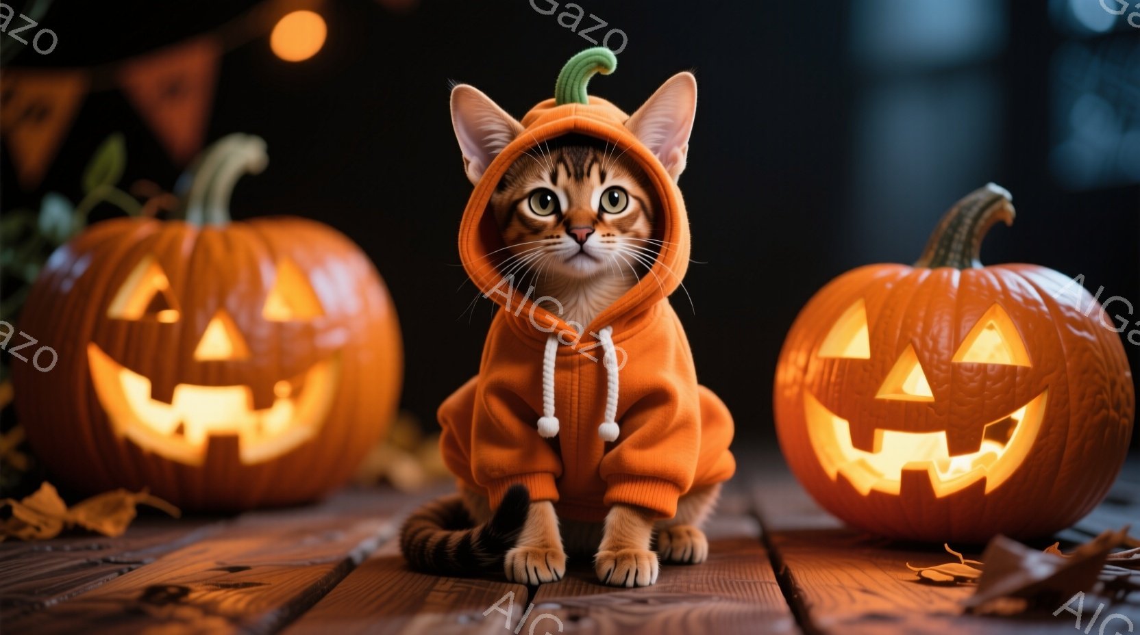 オレンジ色のカボチャの衣装を着た子猫が、木製のテーブルの上に座っています。その表情は好奇心旺盛で、少し驚いた様子を見せています。背景には、ハロウィーンの装飾であるカボチャが左右に置かれ、秋らしい暖かく - AI生成フリー素材