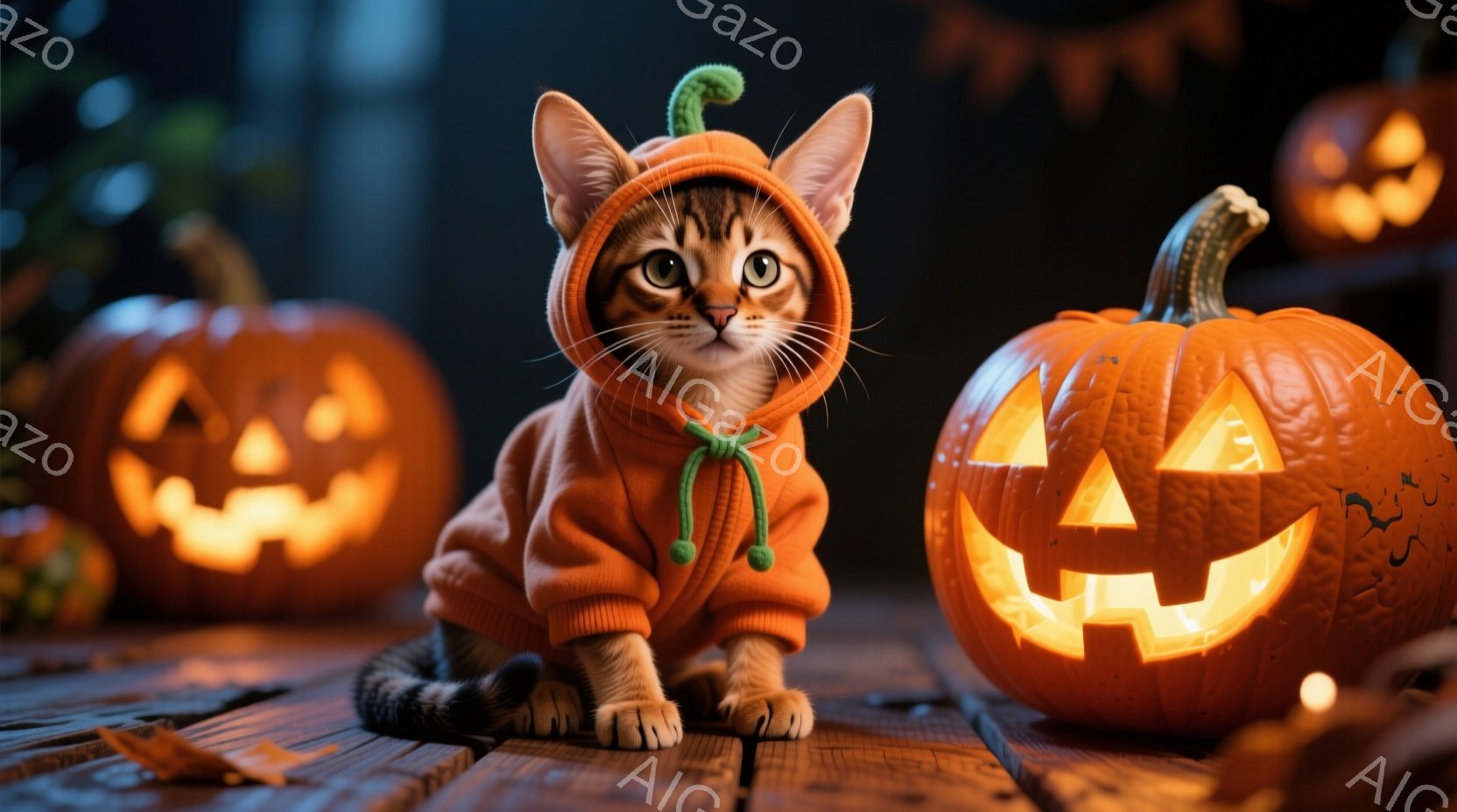 オレンジ色のハロウィン風のセーターを着た子猫が、木製のテーブルの上で正面を見つめて座っています。背景にはジャック・オ・ランタンがいくつか配置され、暗闇の中で温かい光を放ち、秋の夜の心地よい雰囲気を醸し - AI生成フリー素材