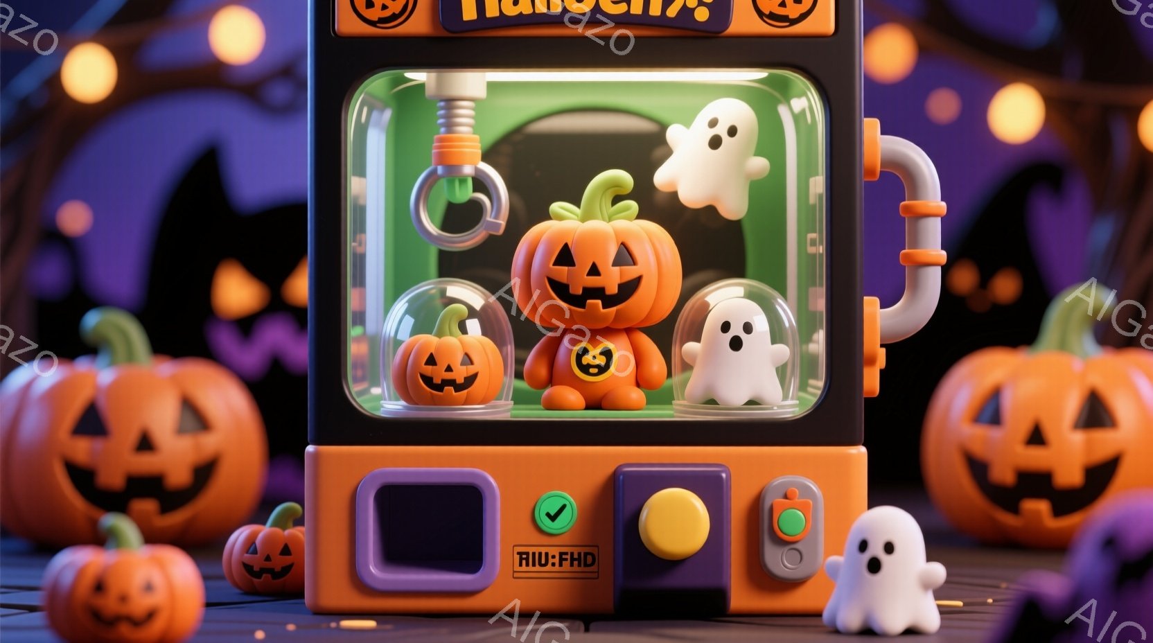 ハロウィーンをテーマにしたクレーンゲーム機が写っています。中にはカボチャのランタン、お化け、オレンジ色の帽子をかぶったカボチャのキャラクターが並んでいます。背景には様々な大きさのジャック・オー・ランタ - AI生成フリー素材