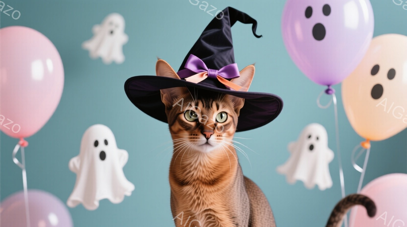 明るい茶色の猫が、ハロウィーンの装飾の中で、魔女の帽子をかぶって正面を見つめている。その表情は穏やかで、少しばかり好奇心旺盛な様子が伺える。背景には、パステルカラーの風船や白いお化けの飾りがあり、ハロ - AI生成フリー素材
