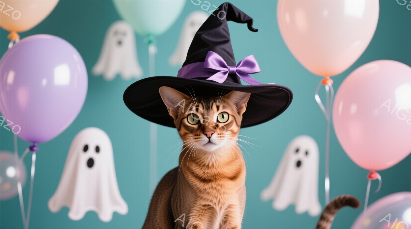 猫はハットを被り、周りにはファンタジーのテーマがある。猫は冷静で見つめる表情をしている。背景は壁にフランケンシュタイナーとグリム童話のキャラクターが描かれ、全体的な雰囲気は楽しく、ホロウィックやハロウィンの特徴を持っている。