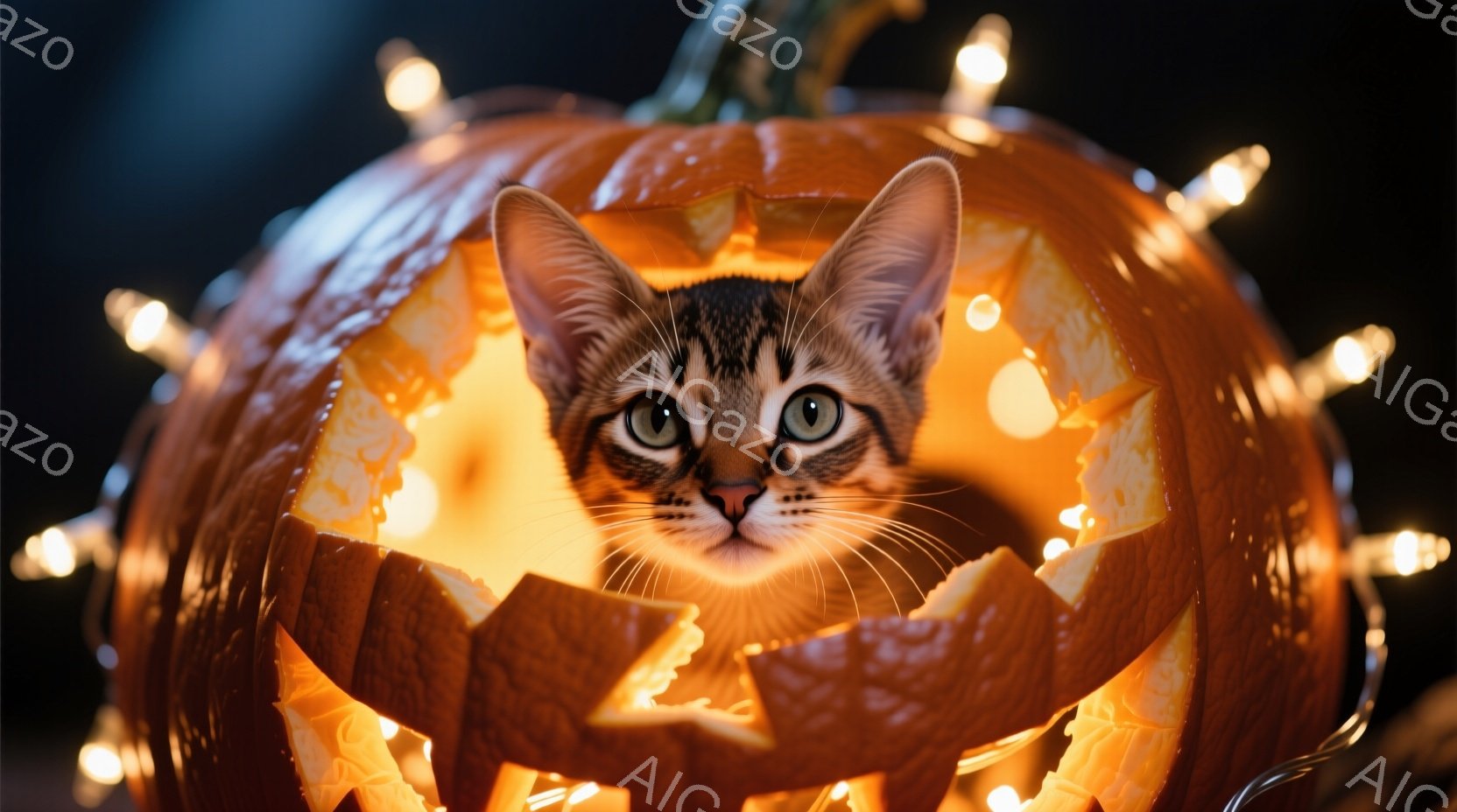 縞模様の猫が、ハロウィーンのジャック・オー・ランタンの中に顔を出しています。猫は正面を向き、緑色の瞳でカメラを見ており、少し好奇心といたずらっぽい表情をしています。背景にはぼやけたオレンジ色の光が散り - AI生成フリー素材