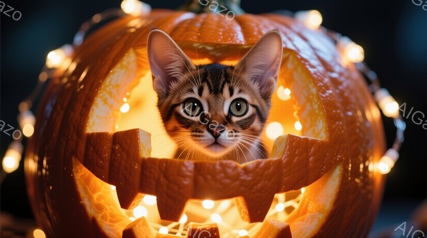 オレンジ色のハロウィーンのジャック・オー・ランタンの中に、縞模様の茶色の猫が顔を出しています。猫は前足を隠し、好奇心と少しの戸惑いを見せる表情で正面を見つめています。背景にはぼやけた光のストリングがあり、全体的に温かく、遊び心のある雰囲気を醸し出しています。