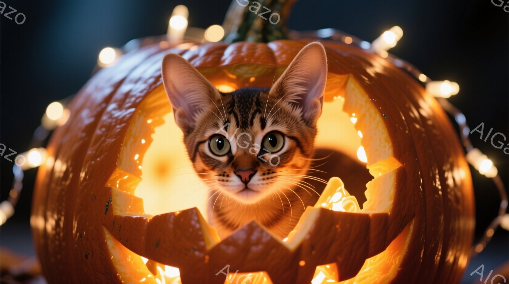 オレンジ色のくり抜かれたカボチャの中に、縞模様の猫が顔を出しています。猫は前足を伸ばしてリラックスした姿勢で、好奇心と少しの警戒心を込めた表情で正面を見ています。背景は暗く、カボチャの周りを温かい光を - AI生成フリー素材