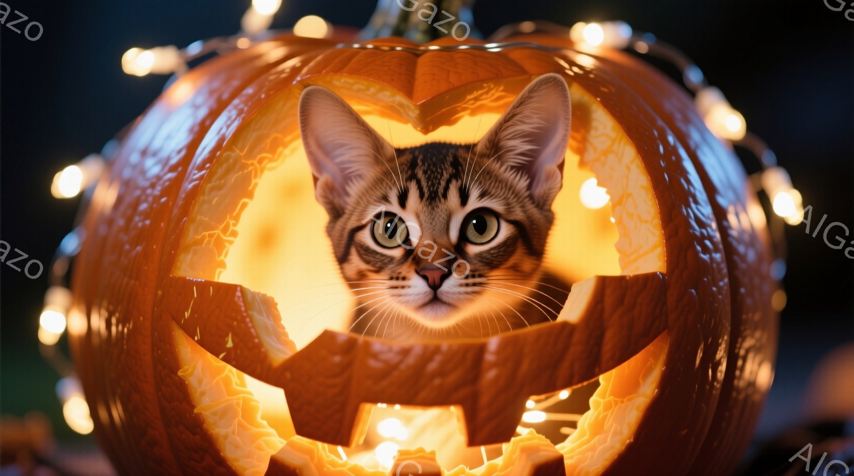 明るいオレンジ色のジャック・オー・ランタンの中に、縞模様の猫が顔を覗かせています。猫は好奇心と少しの警戒心を表す緑色の目をしており、リラックスした様子で正面を見つめています。背景にはぼんやりとした光のストリングが散りばめられており、ハロウィーンの温かく遊び心のある雰囲気を醸し出しています。