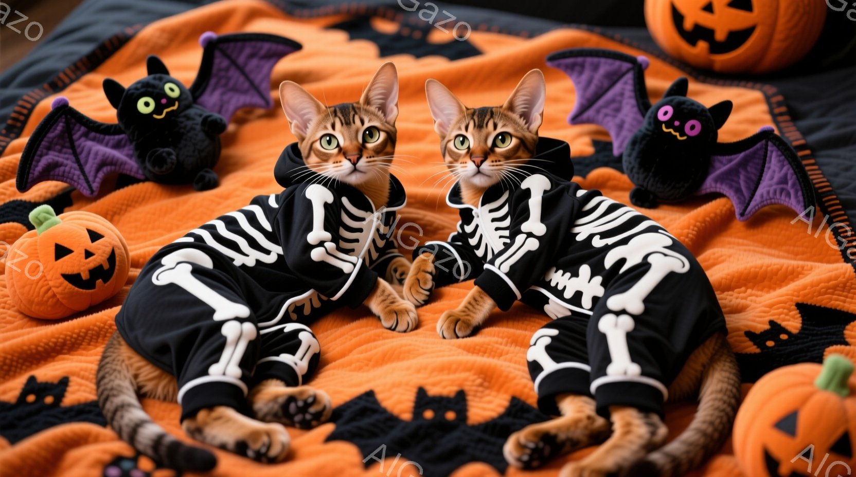 オレンジと黒のハロウィン柄の背景に、骨柄の衣装を着た二匹の茶色の縞模様の猫が並んで横たわっています。猫たちはリラックスした表情で、少し上目遣いをしています。背景には、オレンジ色のカボチャのぬいぐるみと黒いコウモリのぬいぐるみがあり、ハロウィンの雰囲気を盛り上げています。