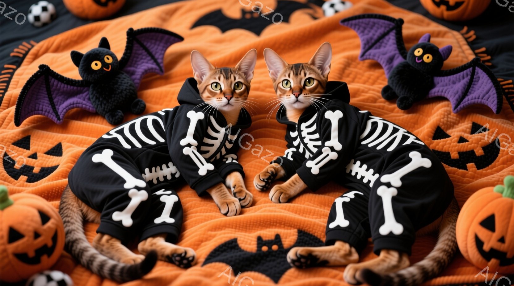 オレンジ色の背景に、骸骨模様の衣装を着た2匹の猫が並んで座っています。猫たちは前足を組み、リラックスした表情でカメラを見ており、ハロウィーンの楽しい雰囲気を醸し出しています。背景には、黒いコウモリのぬ - AI生成フリー素材