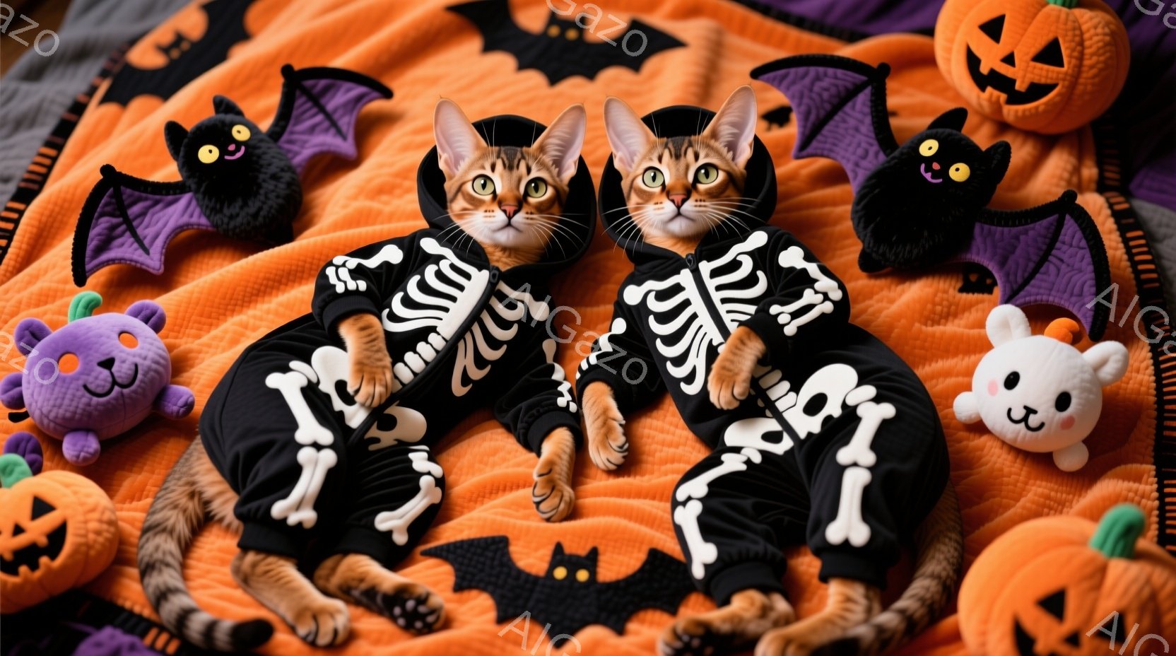 オレンジ色の背景に、骸骨模様の衣装を着た2匹の猫が並んで横たわっています。猫たちはリラックスした表情で、ハロウィーンの装飾であるカボチャやお化けのぬいぐるみ、黒いコウモリの飾りで囲まれています。全体的 - AI生成フリー素材