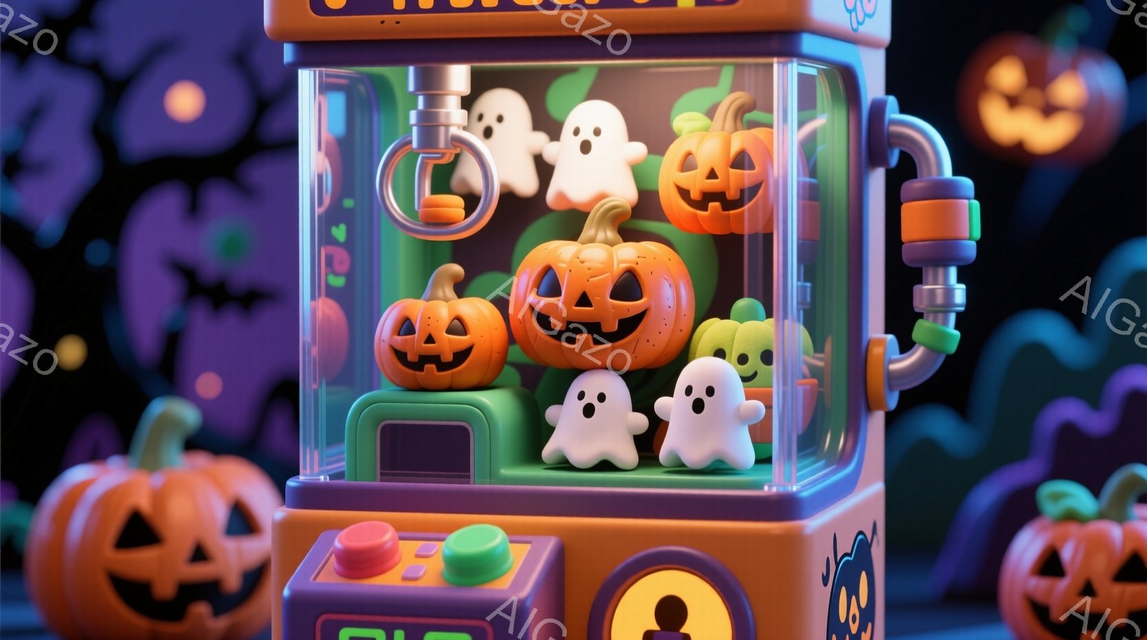 ハロウィーンをテーマにしたクレーンゲーム機を捉えています。オレンジと紫を基調とした可愛らしいデザインで、中には様々なハロウィーンのキャラクター、例えばカボチャやお化けが詰まっています。背景には、同じよ - AI生成フリー素材