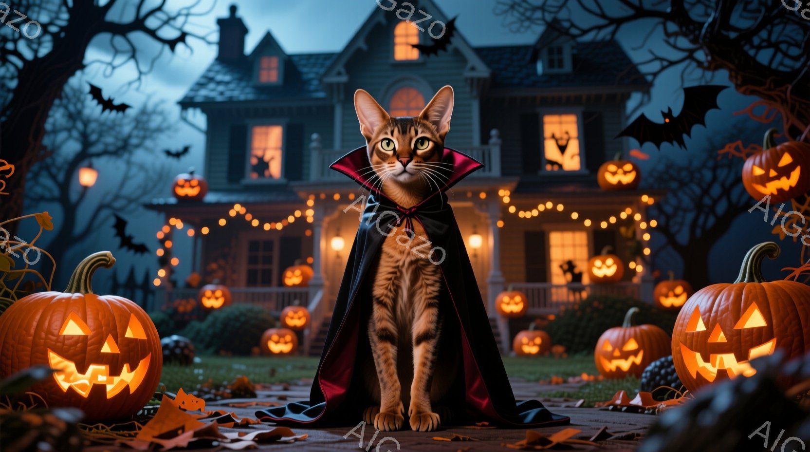 オレンジ色の縞模様の猫が、黒いマントを羽織って正面を見つめて座っています。背景にはハロウィーンの装飾が施された大きな家、ジャック・オー・ランタン、そして夜空に舞うコウモリが描かれており、全体的にハロウ - AI生成フリー素材