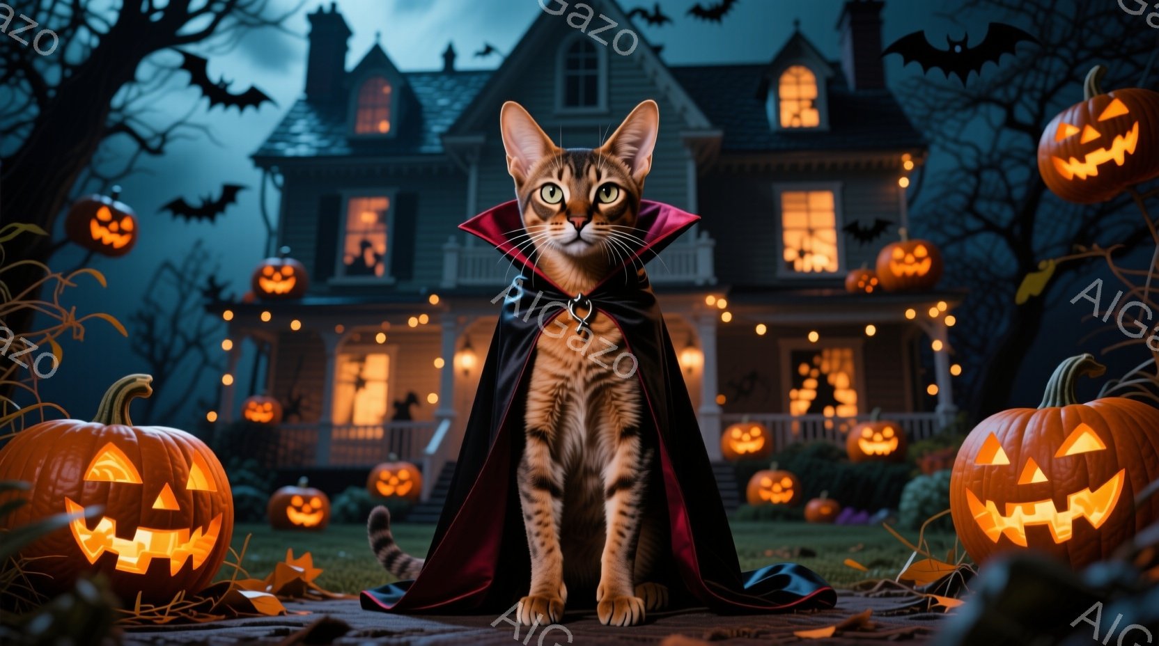 明るいオレンジ色の背景に、黒いケープを羽織った縞模様の猫が座っています。背景には、ハロウィーンのランタンで飾られた不気味な屋敷と、夜空を舞うコウモリが見えます。全体的に、ハロウィーンの夜の、少し不気味で楽しい雰囲気です。
