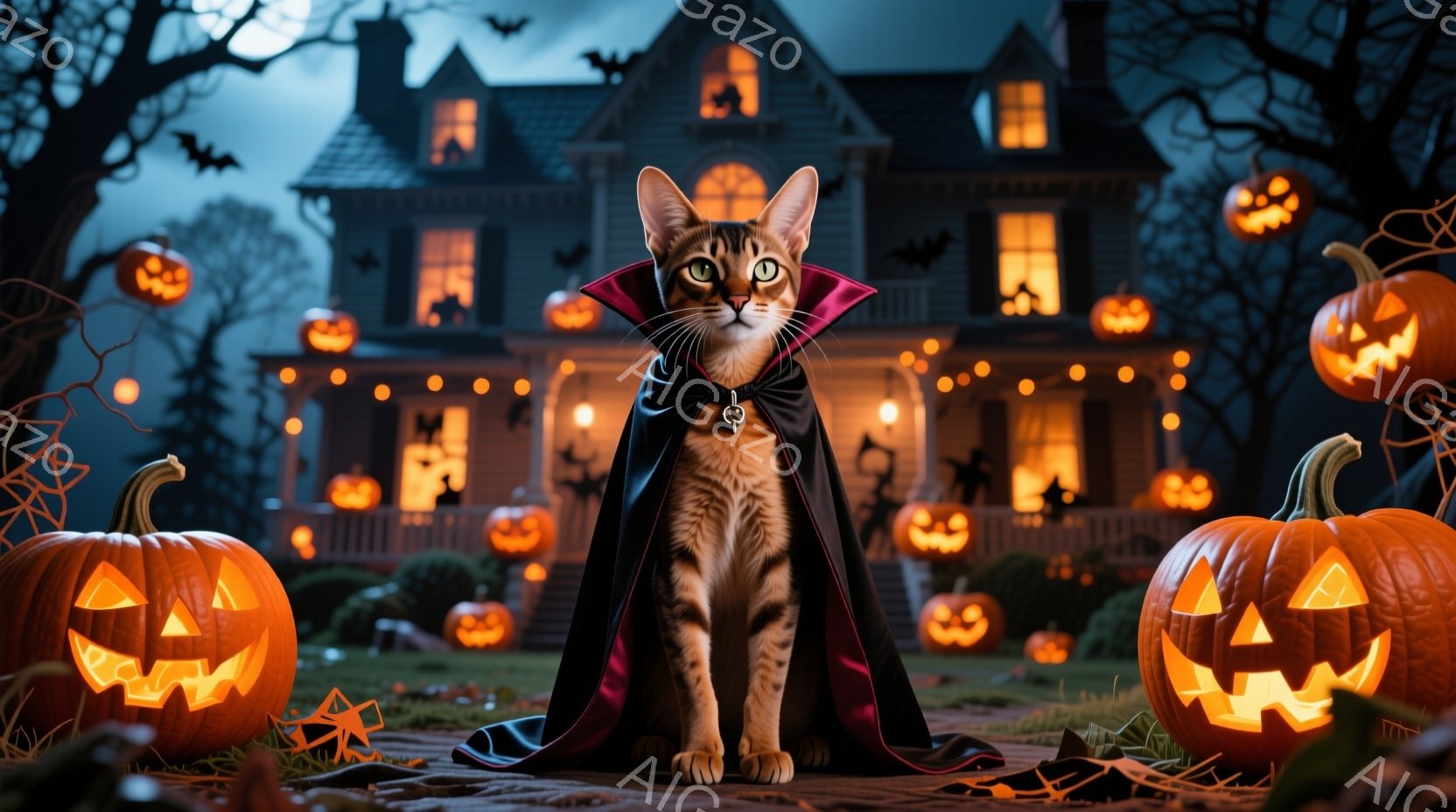 猫がヴァン・ヘルシング風の衣装を着て、家の前に立ち、網と燭台によってホラースタイルの雰囲気が演出されています。