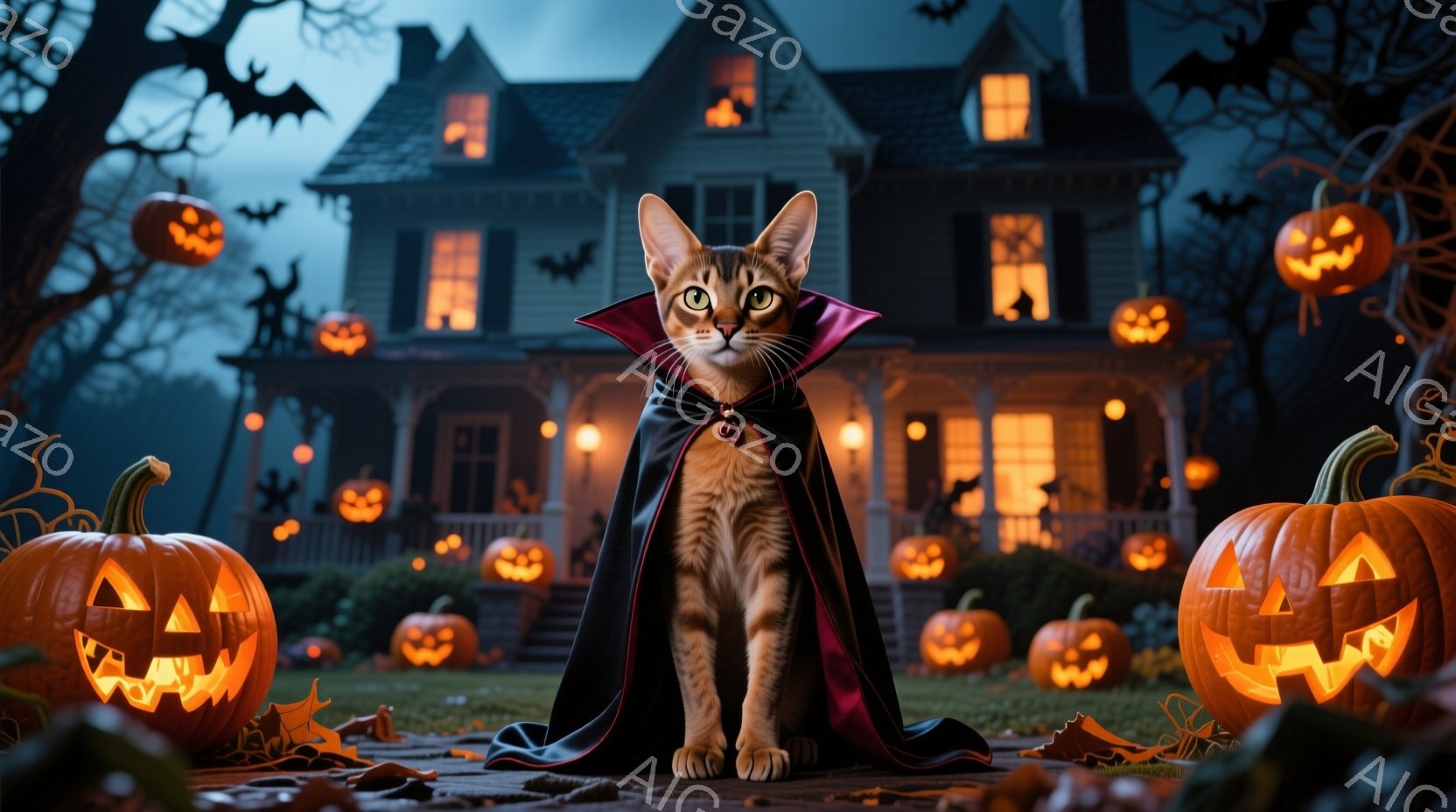 茶色の縞模様の猫が、黒いマントを羽織って正面を向いて座っています。背景には、ハロウィーンのランタンで飾られた屋敷が薄暗い夜に浮かび上がり、多くのカボチャが周囲に配置されています。全体的に、ハロウィーンの夜に妖しげな雰囲気を醸し出しています。