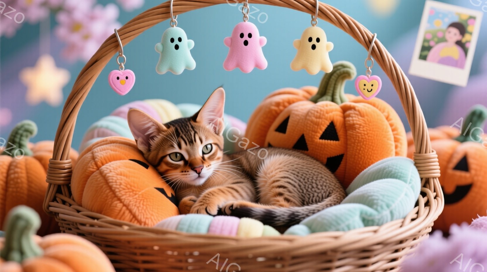 籠の中に縞模様の子猫が横たわっており、周りはハロウィーンの装飾で彩られています。オレンジ色のカボチャのぬいぐるみと、パステルカラーのゴーストやハートのオーナメントが、子猫を囲むように配置されています。 - AI生成フリー素材
