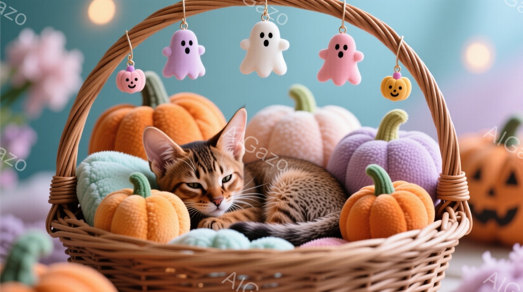 籠の中に、縞模様の猫が丸まって眠っています。籠の中には、オレンジ、紫、緑などの様々な色のふわふわとしたカボチャのおもちゃが敷き詰められています。背景は水色で、カボチャの飾りとぼんやりとした光がハロウィ - AI生成フリー素材