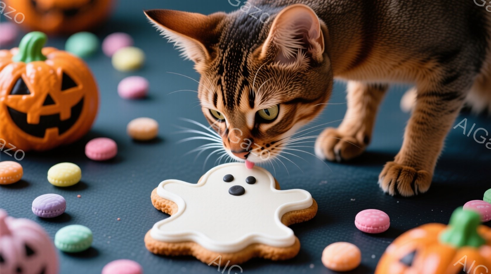 オレンジ色のまだら模様の猫が、白いお化けのクッキーに鼻を近づけています。背景にはカラフルなマカロンと、ハロウィーンの装飾であるジャック・オー・ランタンが散りばめられており、全体的に遊び心のあるお祝いの - AI生成フリー素材