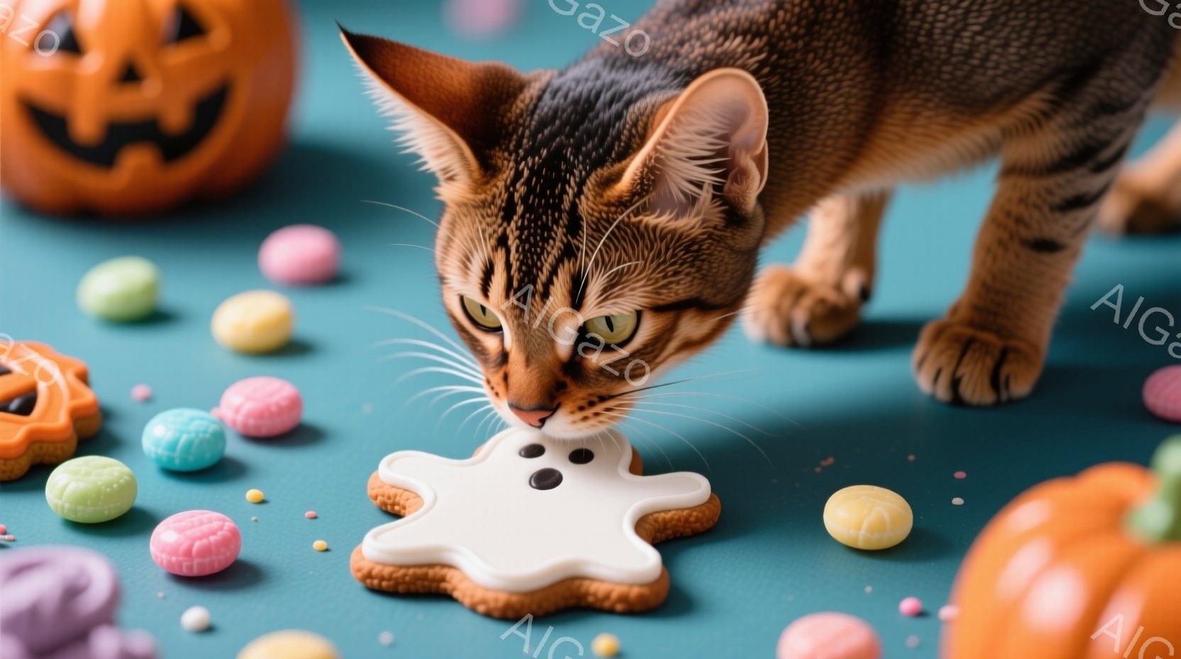 オレンジ色の背景に、ハロウィーンを連想させるカボチャのランタンとキャンディーが散りばめられています。縞模様の茶色の猫が、白いお化けのクッキーに鼻を近づけており、興味津々な表情をしています。猫は前足を伸 - AI生成フリー素材