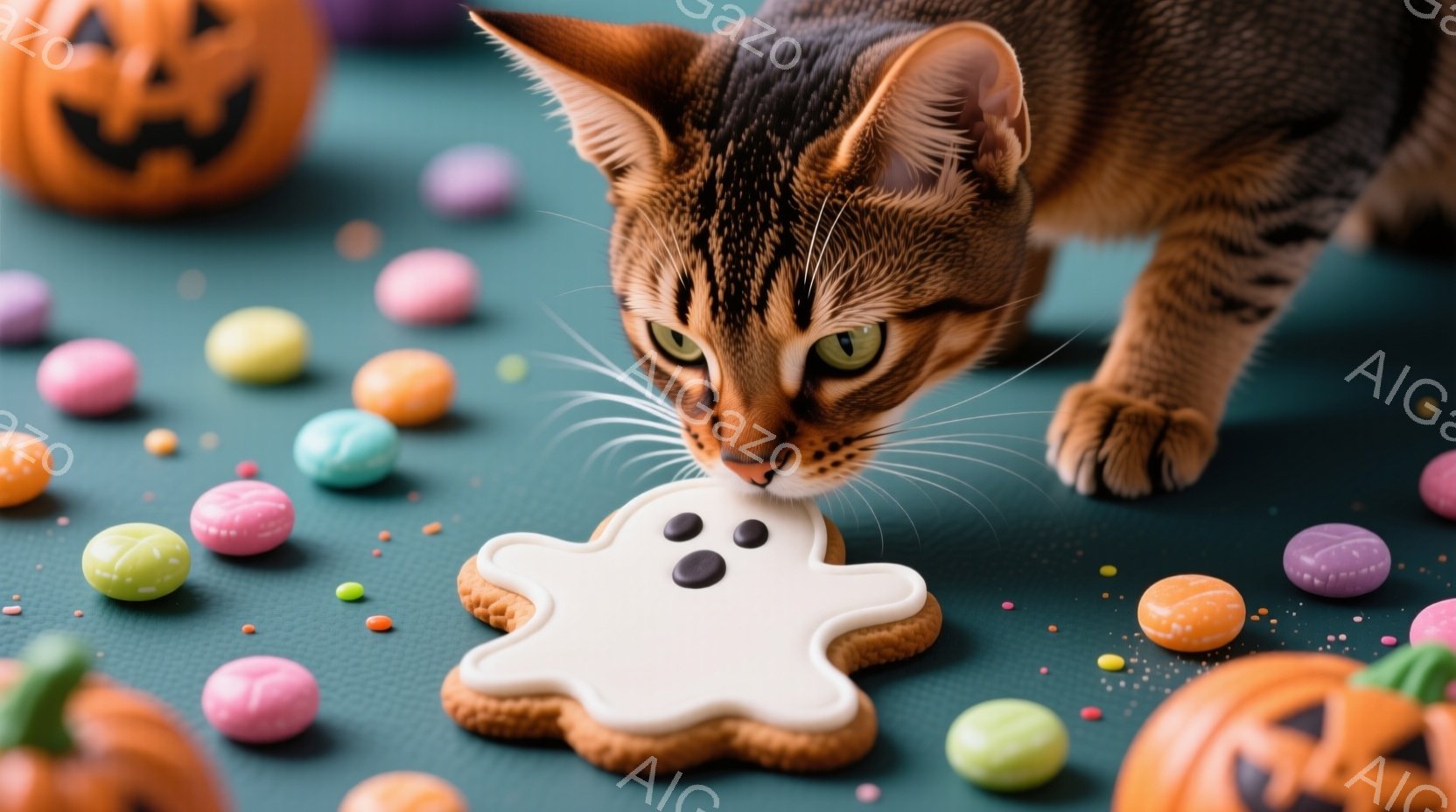 茶色の縞模様の猫が、ハロウィーンをテーマにしたクッキー（ゴースト型）に近づいています。クッキーの周りにはカラフルなキャンディーが散りばめられ、背景にはオレンジ色のジャック・オー・ランタンが配置されてい - AI生成フリー素材