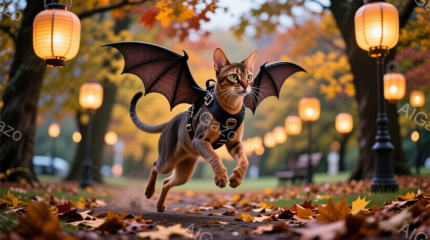 明るい秋の公園を、翼をつけた猫が躍動的に駆けている。猫は茶色のハーネスを装着し、楽しげな表情で空を飛んでいるかのように見える。背景には、黄金色に輝く紅葉と、温かい光を放つ街灯が並び、穏やかで幻想的な雰 - AI生成フリー素材