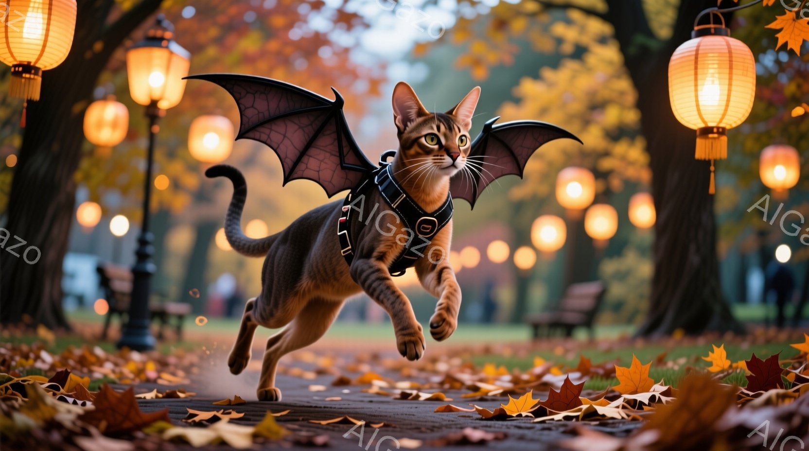 薄灰色の毛並みをした猫が、黒い翼とハーネスを身につけて、公園の遊歩道を走っている。背景には、オレンジ色の光を放つ提灯が並び、地面には落ち葉が散らばり、秋の暖かい雰囲気を醸し出している。猫は前足を高く上 - AI生成フリー素材