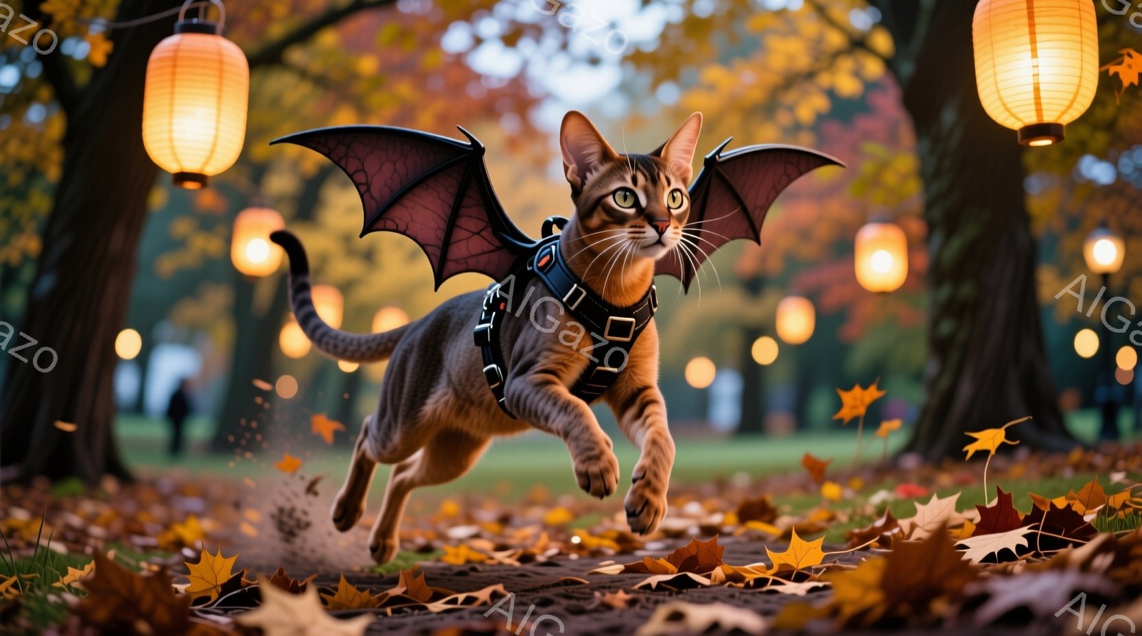 茶色の縞模様の猫が、まるで空を飛んでいるかのように、公園の小道の上を走り去る姿が捉えられています。猫は黒い翼とハーネスを身に着け、活気に満ちた表情で楽しそうに駆け抜けています。背景には、紅葉した木々と - AI生成フリー素材