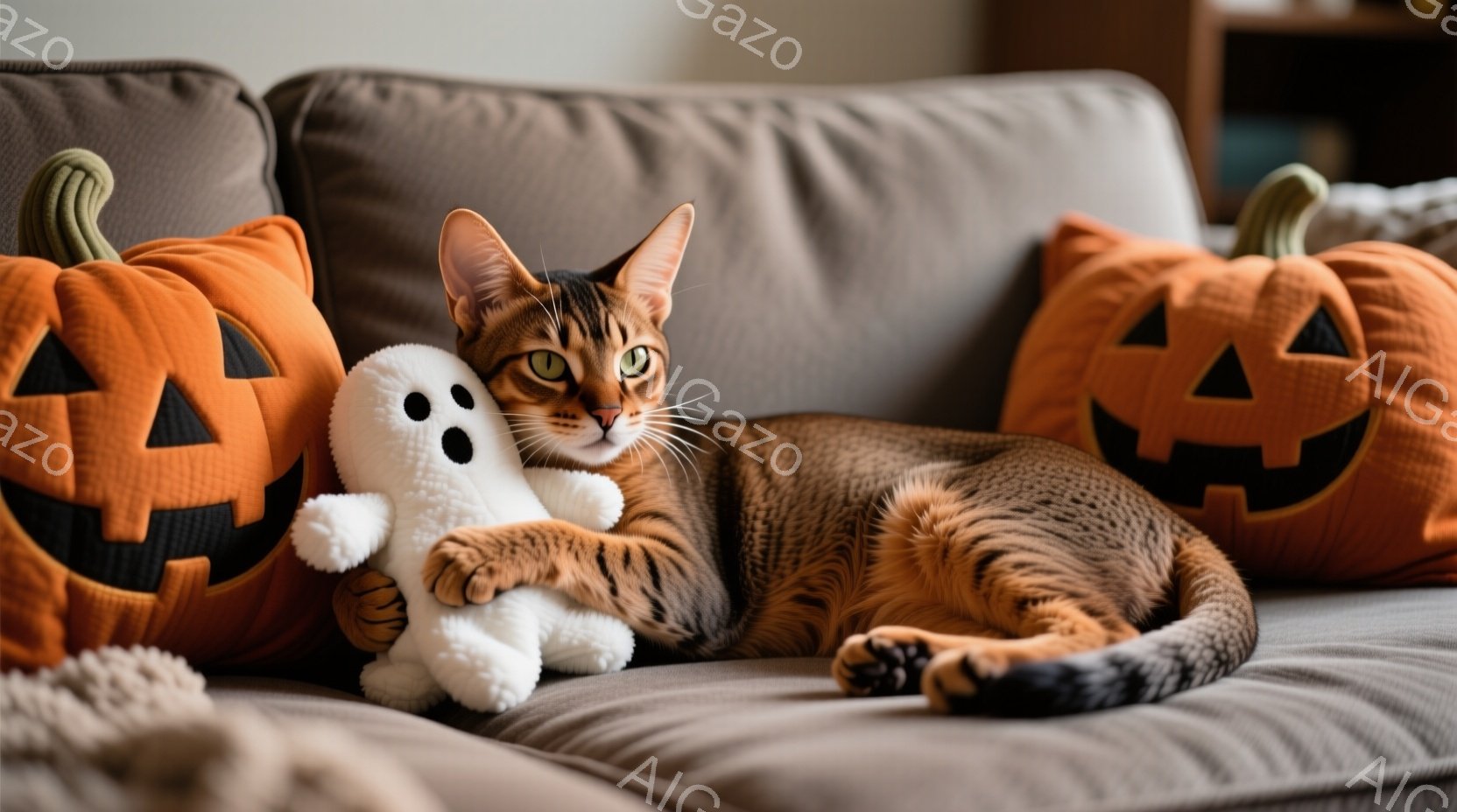 茶色の縞模様の猫が、オレンジ色のジャック・オー・ランタンのクッションに挟まれて横たわっています。猫は白い小さな幽霊のぬいぐるみをつかみ、リラックスした表情でカメラを見ています。背景は薄いグレーのソファ - AI生成フリー素材
