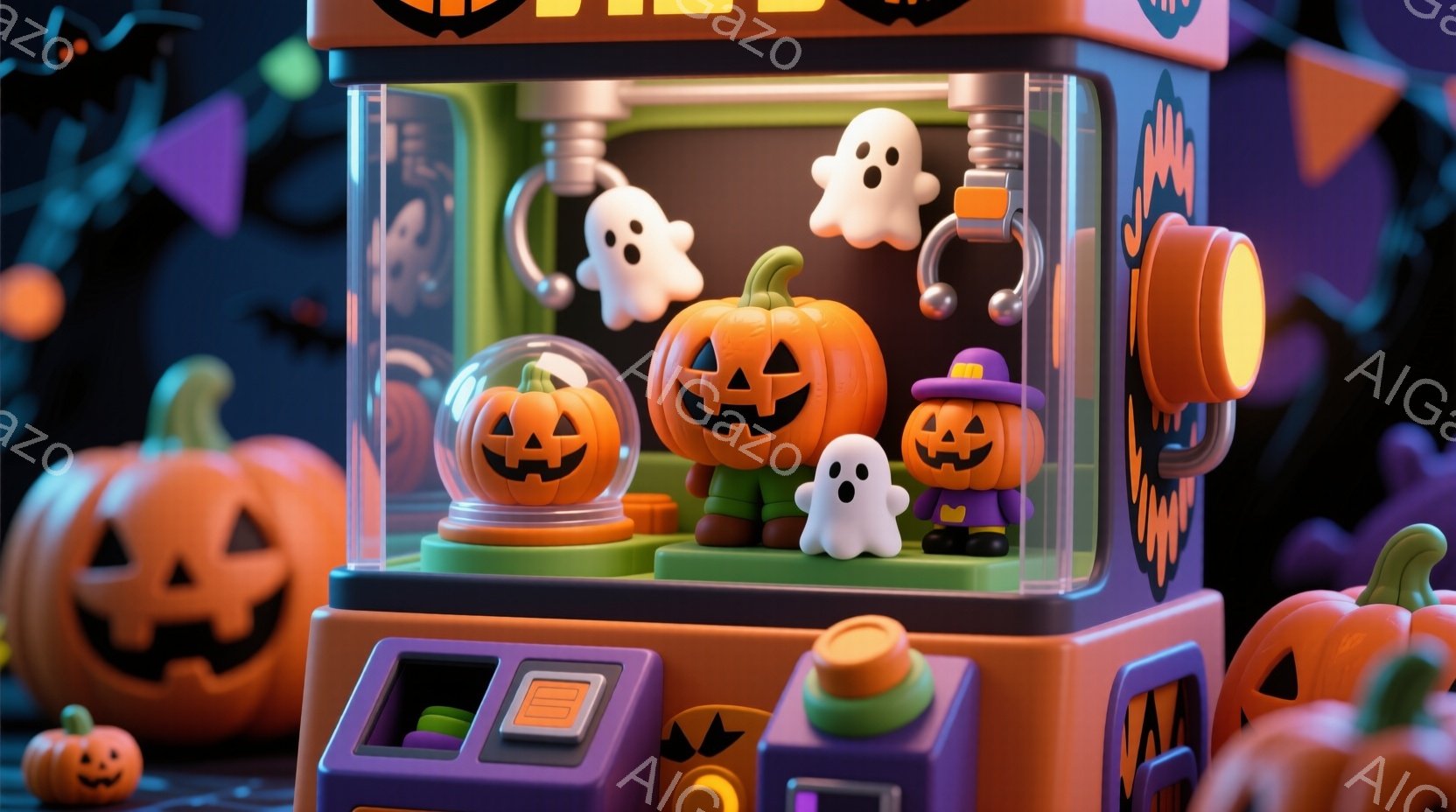 ハロウィーンをテーマにしたクレーンゲーム機の中に、カボチャや幽霊のおもちゃが並んでいます。オレンジと紫色のカラフルな筐体は、お菓子やトリック・オア・トリートの雰囲気を盛り上げ、背景には様々なハロウィー - AI生成フリー素材