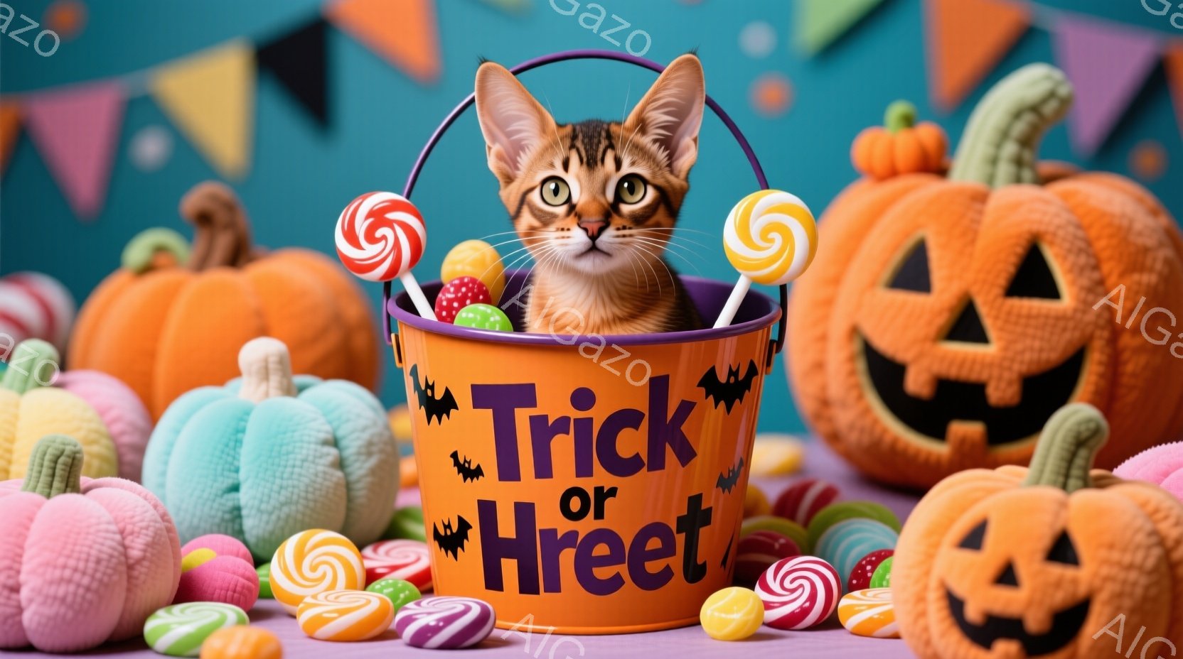 オレンジ色のハロウィーンのバケツの中に、縞模様の小さな猫が可愛らしく顔を出しています。バケツには「Trick or Treat」と書かれており、バケツの周りにはキャンディーや、緑色とオレンジ色のジャック・オ・ランタンが散りばめられています。全体的に明るく、お祝いムード満載で、ハロウィーンの楽しい雰囲気を醸し出しています。