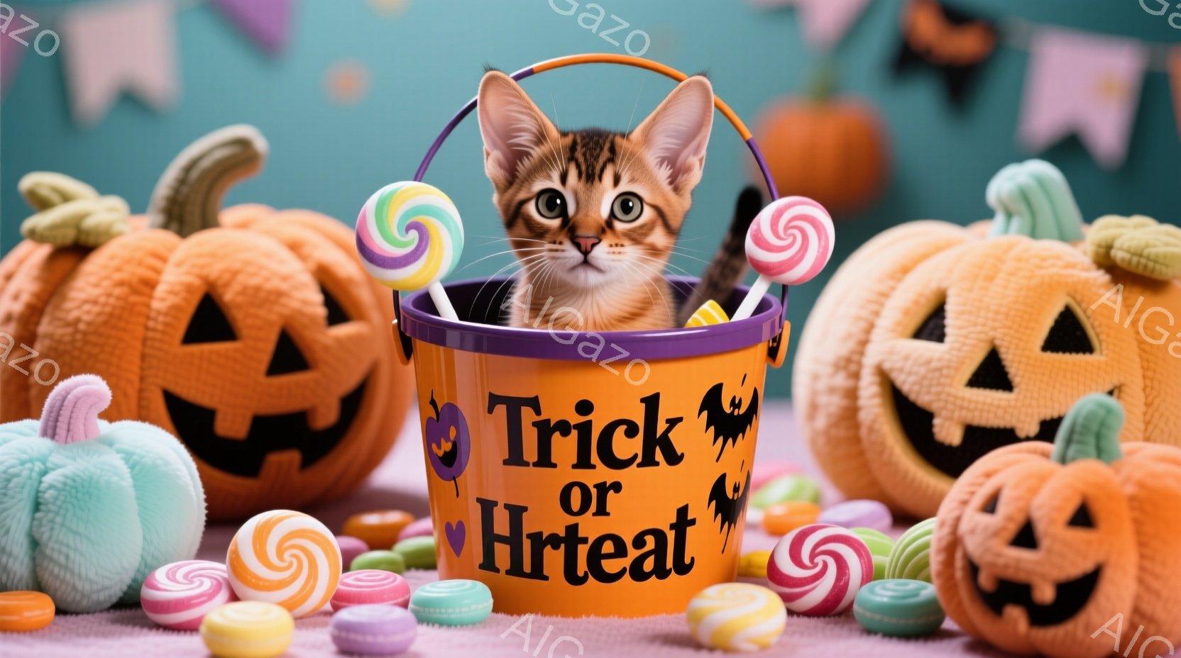 オレンジ色のハロウィーンのバケツの中に、縞模様の小さな子猫が可愛らしく顔を出しています。バケツの周りにはカラフルなキャンディや、ジャック・オー・ランタンの置物が並べられ、淡いピンク色の背景がハロウィーンの楽しい雰囲気を演出しています。子猫の好奇心旺盛な表情と、ハロウィーンらしい装飾が、心温まる可愛らしい光景を作り出しています。