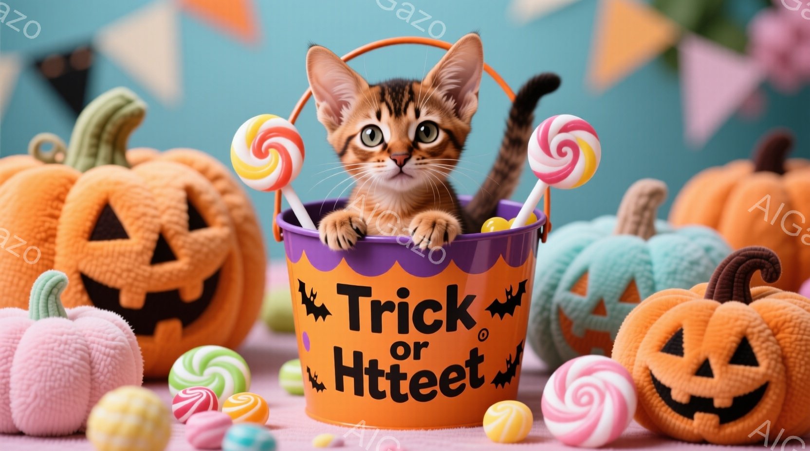 オレンジと紫色のハロウィーンをテーマにした背景に、バケツの中から顔を出している子猫がいます。子猫は好奇心いっぱいの表情でカメラを見つめ、バケツの中にはカラフルなキャンディが散りばめられています。背景に - AI生成フリー素材