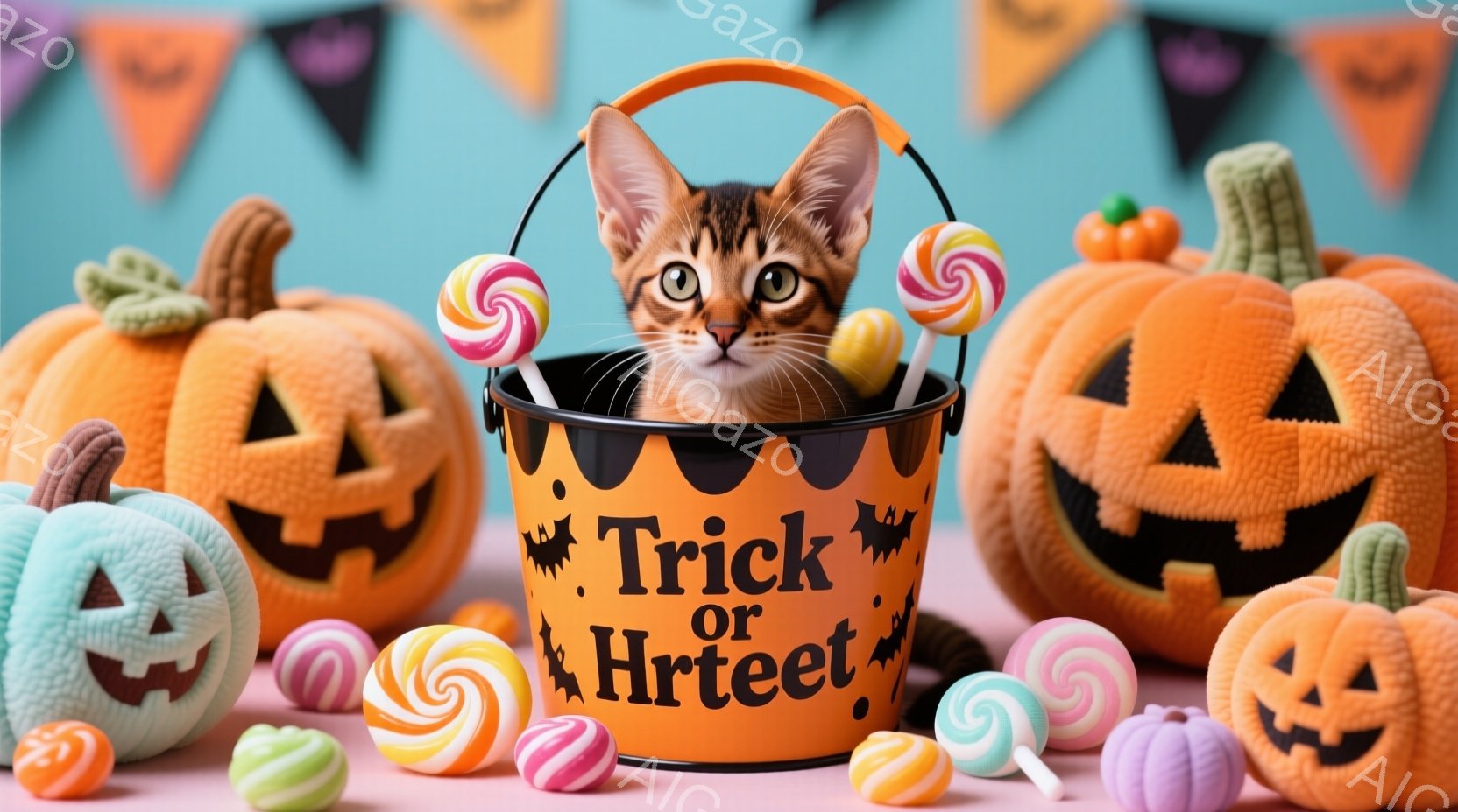 オレンジ色の背景に、ハロウィーンをテーマにした可愛らしい写真です。小さな子猫が「トリック・オア・トリート」と書かれたバケツの中から顔を出し、周りにはカラフルなキャンディやジャック・オー・ランタンが配置 - AI生成フリー素材