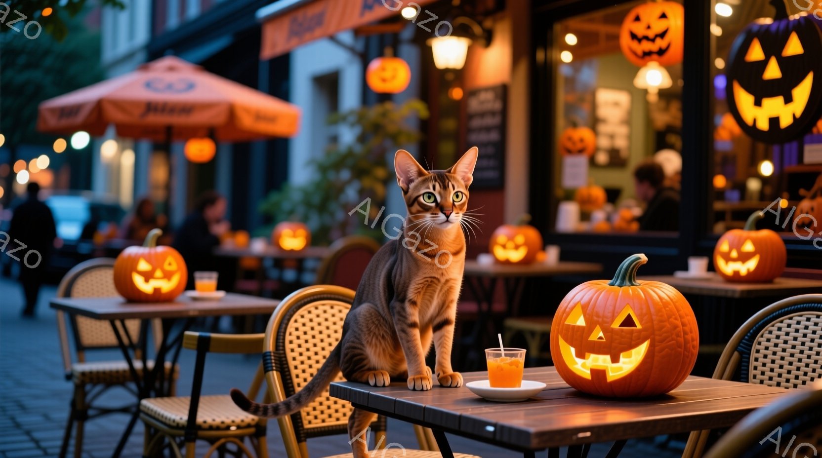 ハロウィーンの装飾が施されたカフェのテラス席に、縞模様の猫が座っています。オレンジ色のカボチャのランタンや飲み物が置かれたテーブルに猫は前足を乗せ、落ち着いた表情でこちらを見ています。背景には、ハロウィーンの飾り付けがされたカフェの建物と、薄暗い夜空が広がっています。
