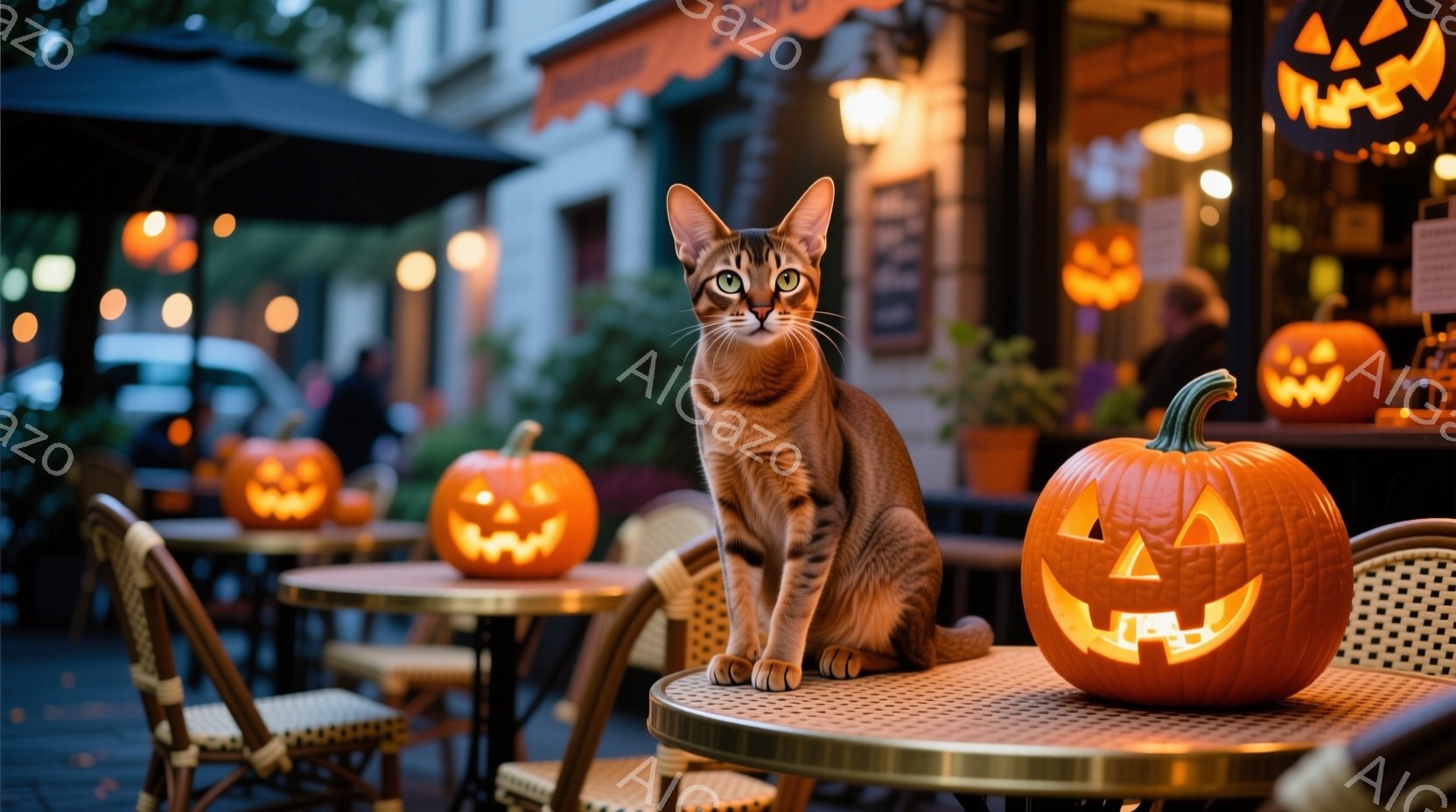 茶色の縞模様の猫が、ハロウィーンの装飾が施されたカフェのテーブルに座っています。背景には、カラフルな光を放つジャック・オー・ランタンが並び、カフェの建物と街路樹が見えます。暖色系の照明とハロウィーンの装飾が、お祭り気分と秋の雰囲気を醸し出しています。